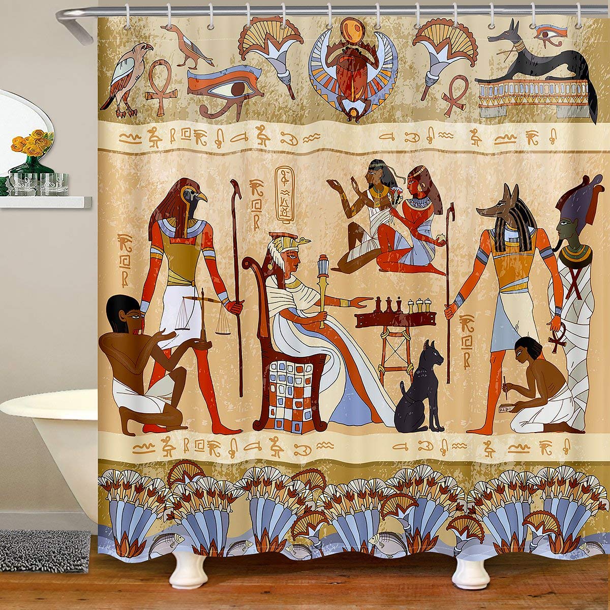 Ancient Egypt Tribal Shower Curtain Set - Waterproof Egyptian Culture Bathroom Decor with Hooks 72x78 Inches - Perfect for Kids' Bathrooms, Themed Showers, and Unique Home Decor