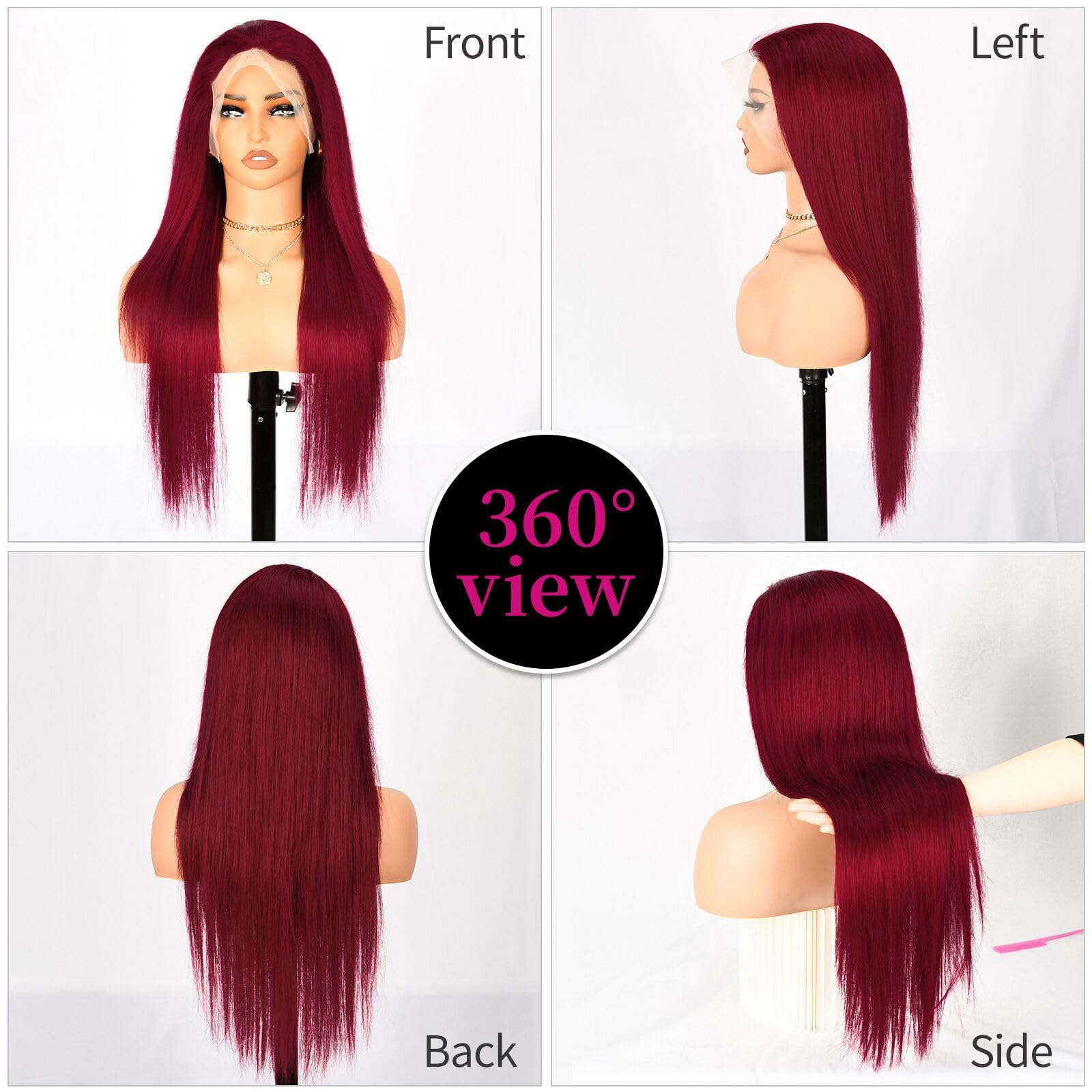 99J Burgundy Lace Front Wigs Human Hair - Brazilian Virgin Hair 180% Density, Glueless Straight 13x4 Lace Frontal Wig with Baby Hair & Pre-Plucked Hairline, 30 Inch for Women - Perfect for Cosplay, Daily Wear, and Special Occasions