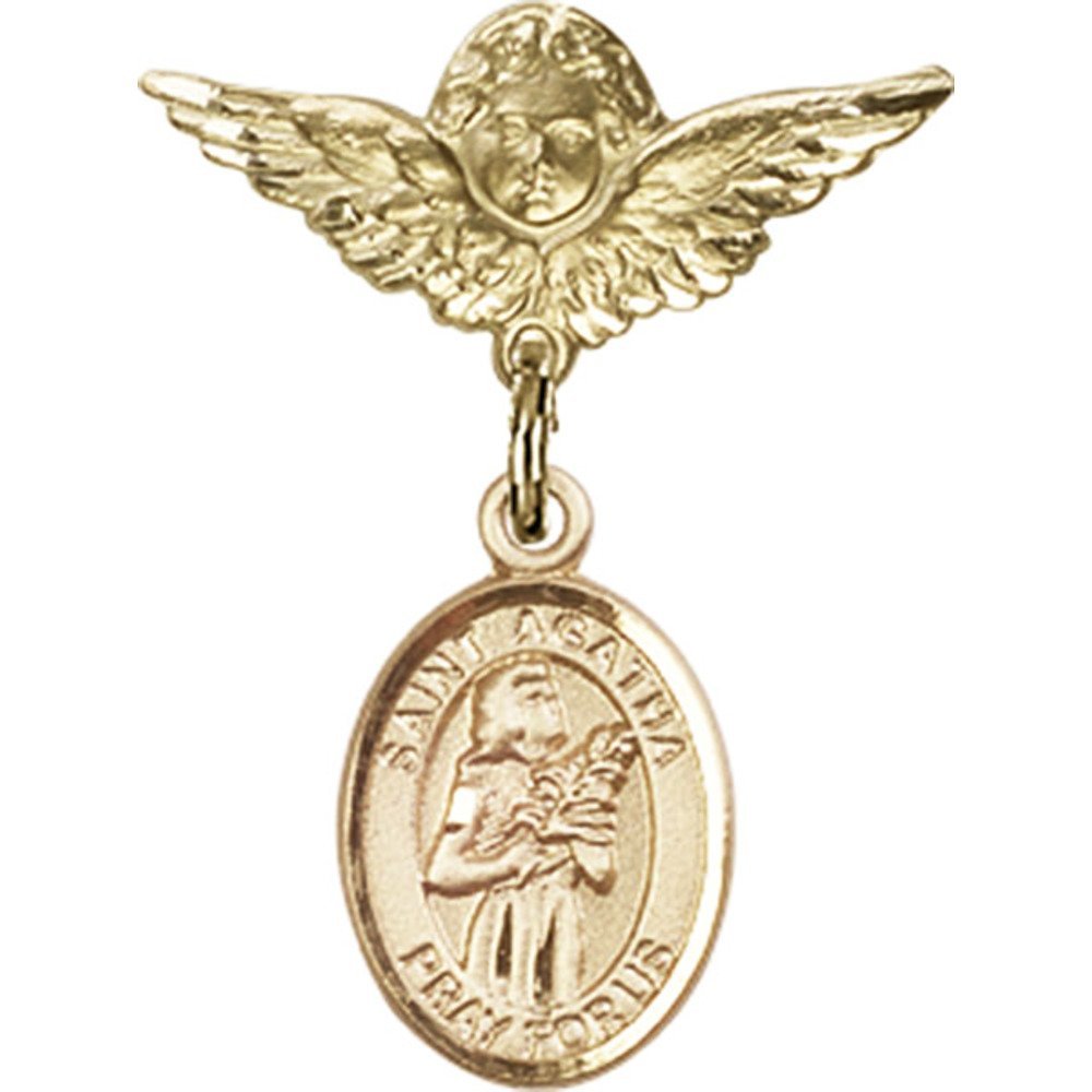 Gold Filled St. Agatha Charm & Angel Wing Baby Badge Pin - 1 x 3/4 Inch Religious Jewelry for Baptism, Christening & First Communion Gifts