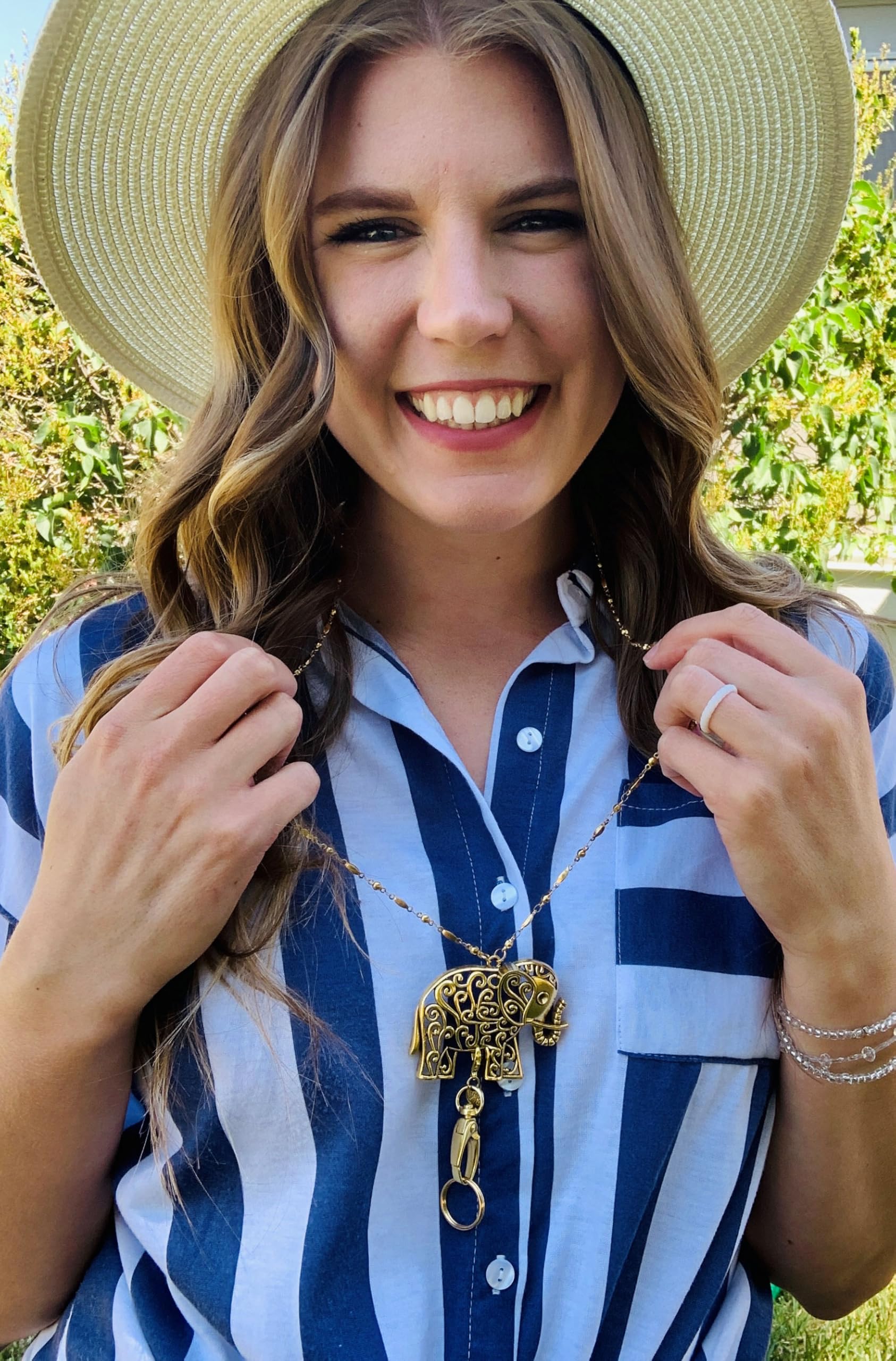 Gold Elephant Stainless Steel Lanyard for Women - Hidden Hollow Beads Badge Holder with Strong Chain - Perfect for Cruise, Teacher ID, Keys & Work Accessories
