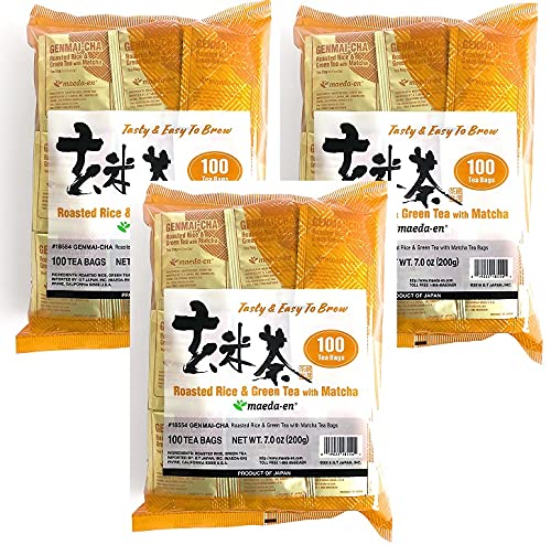 Maeda-en Genmai-cha Green Tea Bags with Matcha - 100 Tea Bags (Pack of 3) - Roasted Rice & Premium Japanese Green Tea Blend - Perfect for Morning Energy, Afternoon Relaxation & Office Refreshment