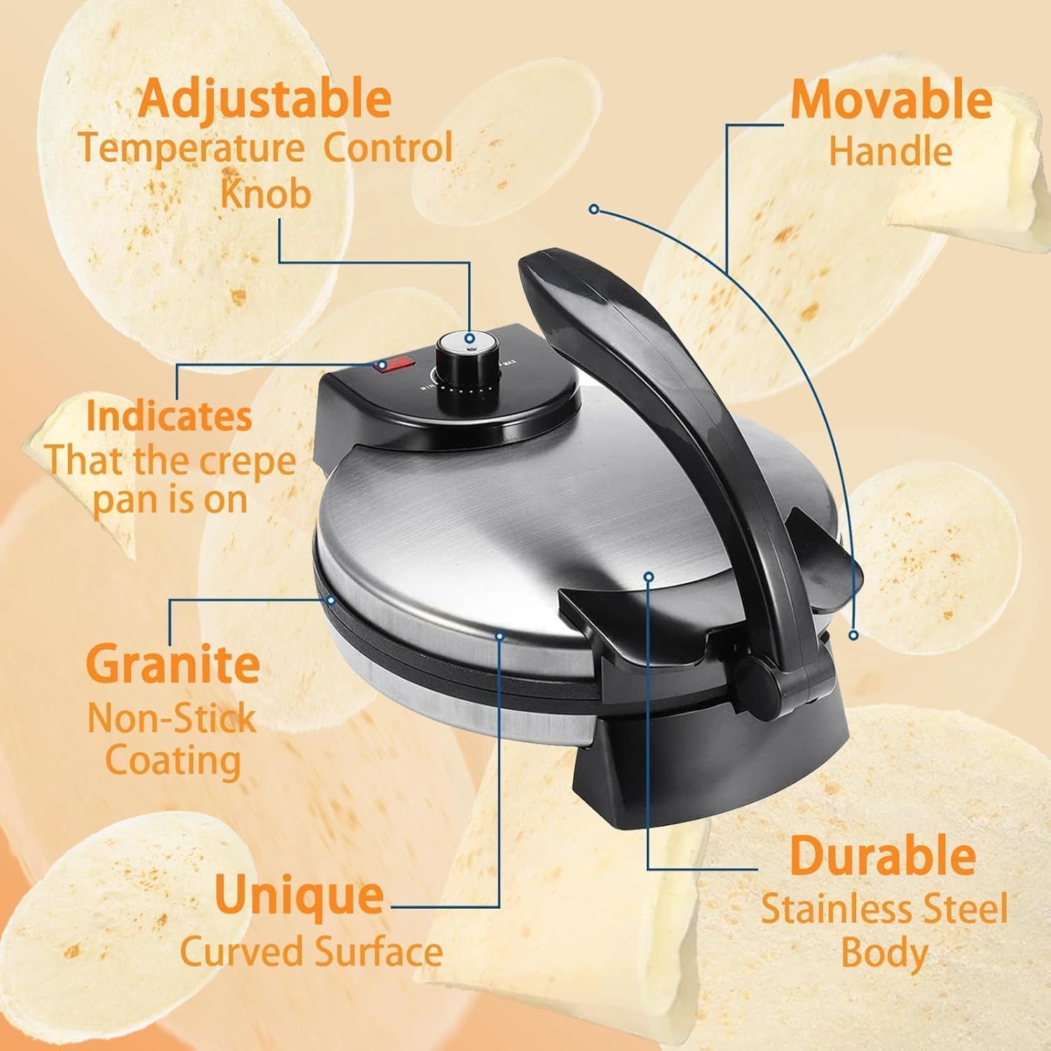 Electric Roti Maker Machine - 10 Inch Stainless Steel Tortilla Press with Removable Handle | Automatic Dough Press for Chapati, Naan & Flatbread | Perfect for Home Cooking, Restaurants & Meal Prep