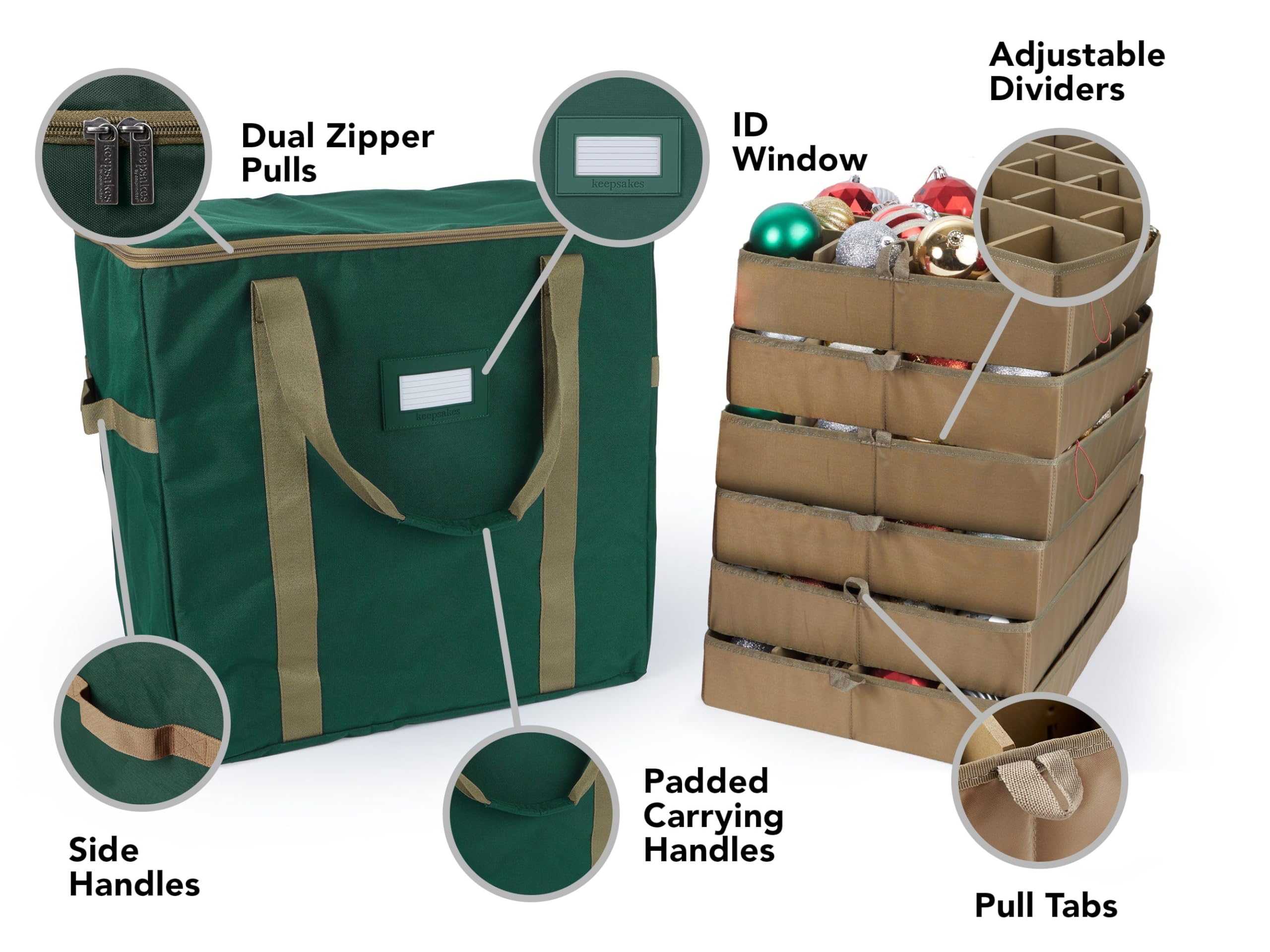 Covermates Keepsakes Adjustable Ornament Storage Bag with Carrying Handles & Padded Protection - Holiday Decor Organizer for Christmas Tree Ornaments, Wreaths & Seasonal Decorations - Green