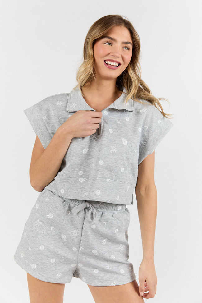 What A Catch Grey Floral Embroidered Half Zip Top - Women's Casual Pullover Sweatshirt for Spring & Fall | Perfect for Outfits, Dates & Outdoor Activities