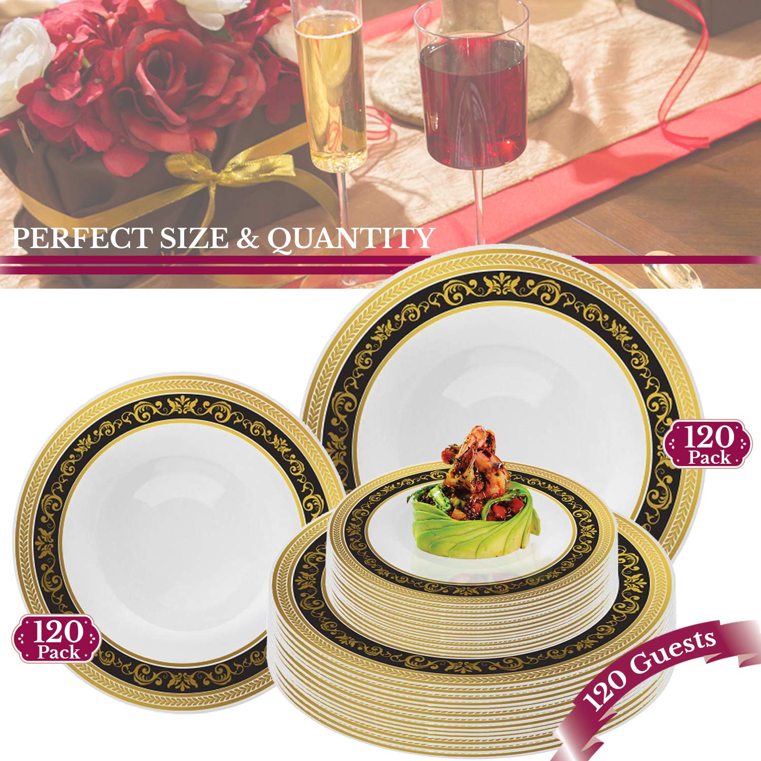 Premium 240-Pack Disposable Plastic Plates - 120 Heavy Duty Dinner Plates & 120 Dessert Plates - Elegant White with Black Gold Royal Rim - Bulk Party Supplies for Weddings, Birthdays, Catering & Special Events - Perfect for Buffets, BBQs, Picnics & Formal Dinners