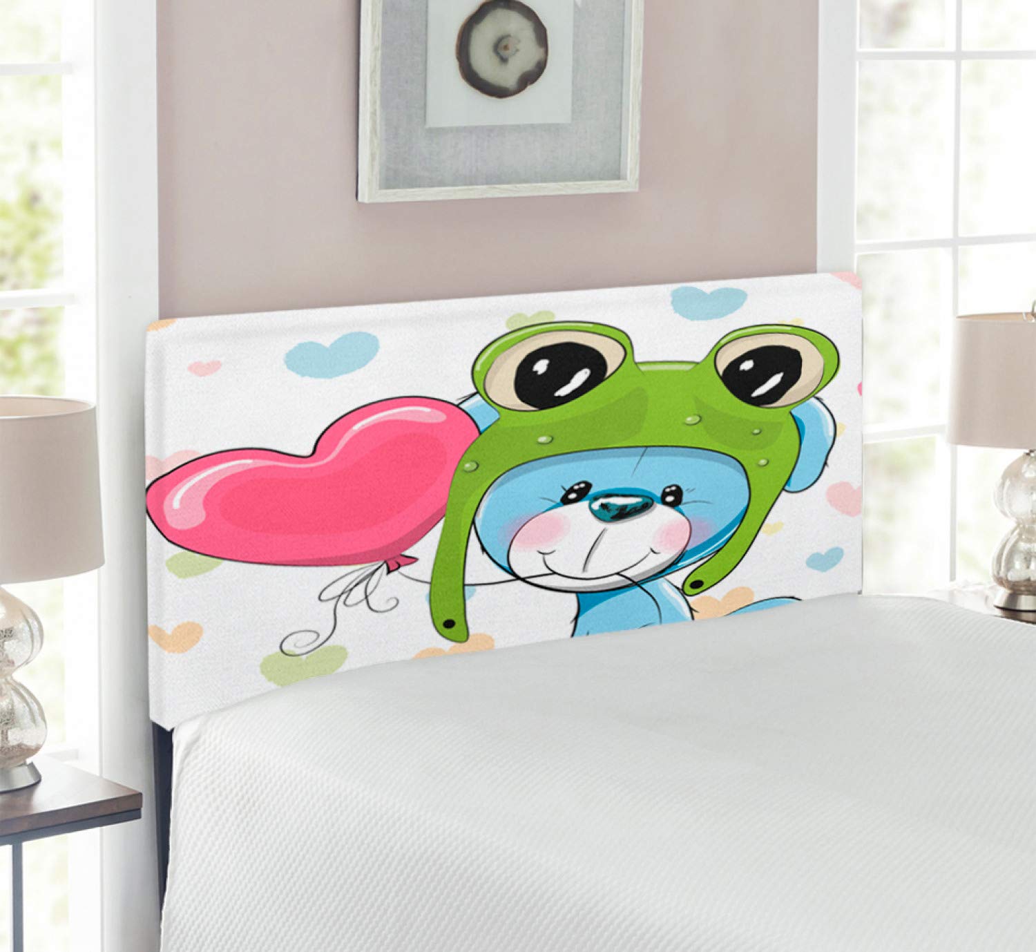Ambesonne Cartoon Puppy in Frog Hat with Balloon Headboard - Twin Size Upholstered Metal Bed Frame with Memory Foam - Cute Animal Print Decor for Kids Room, Nursery or Bedroom - Blue Pink Green Design