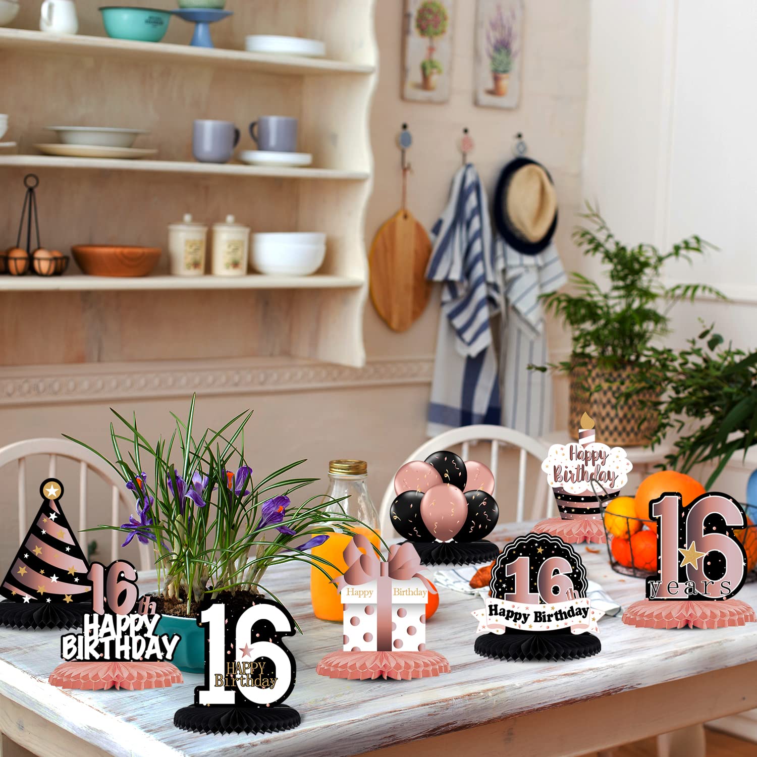 Rose Gold Happy 16th Birthday Honeycomb Centerpieces - Elegant Sweet Sixteen Party Table Decorations & Gift Sign for Girls | Perfect for Birthday Celebrations, Milestone Parties & Teen Decor