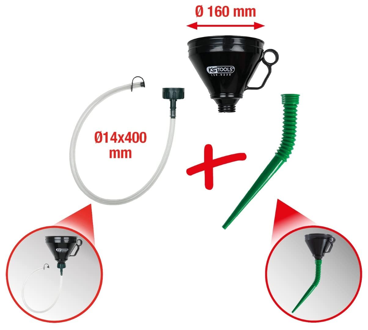KS TOOLS Universal Funnel Set - 3 Piece Clear Plastic Funnels (1 Liter Capacity) for Automotive Fluids, Kitchen Oil Transfer & DIY Projects