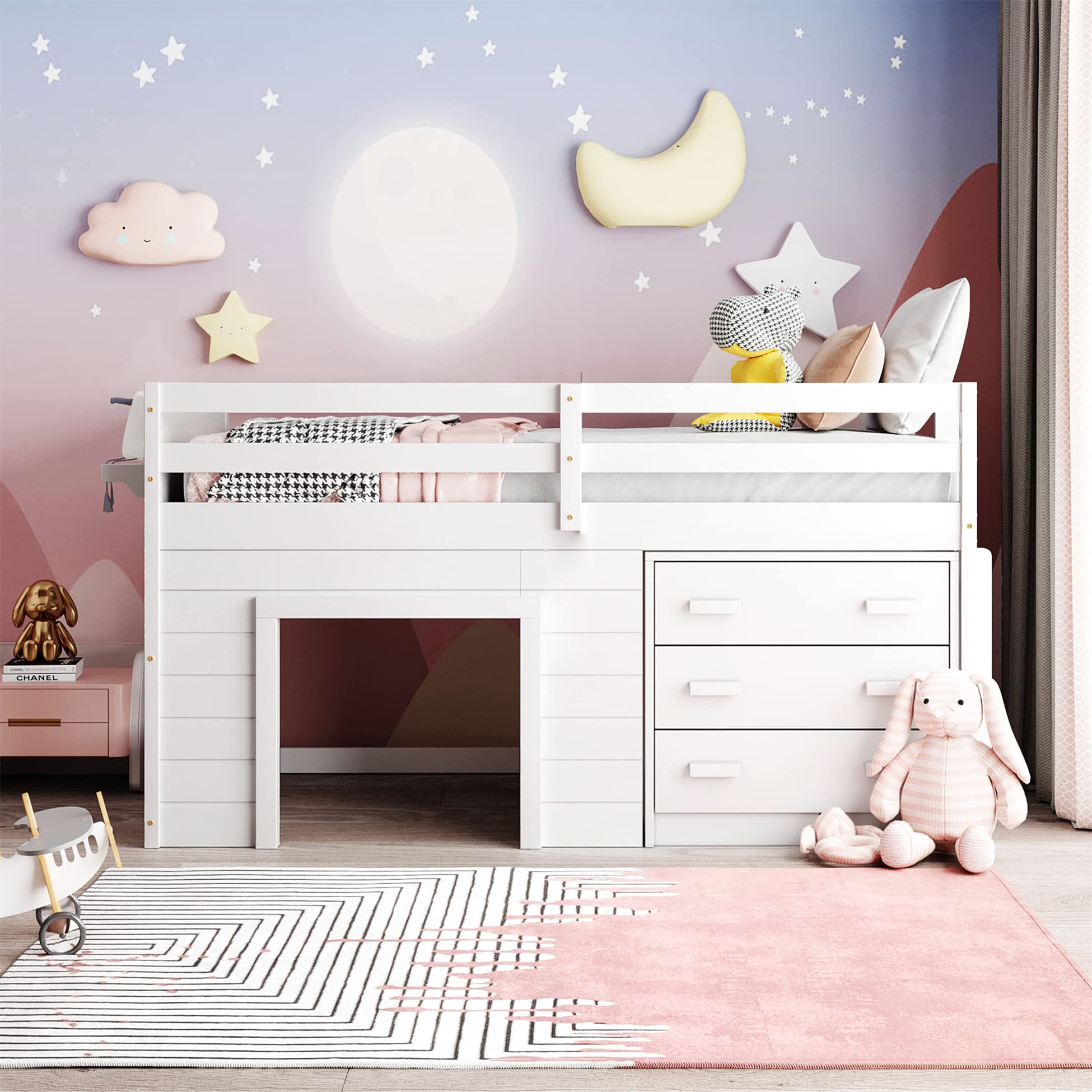 Harper & Bright Designs Wooden Twin Loft Bed with Storage Drawers, Cabinet & Bedside Tray - Low Loft Bed for Kids, Girls & Boys (White) - Perfect for Small Bedrooms, Dorm Rooms & Space-Saving Kids' Rooms