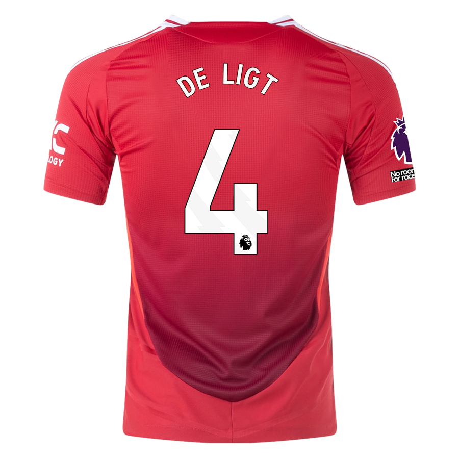 Authentic Adidas Manchester United 24/25 Home Jersey - Matthijs De Ligt EPL Patch & No Room For Racism Badge (MUFC Red/Bright Red) | Official Soccer Jersey for Fans & Match Days