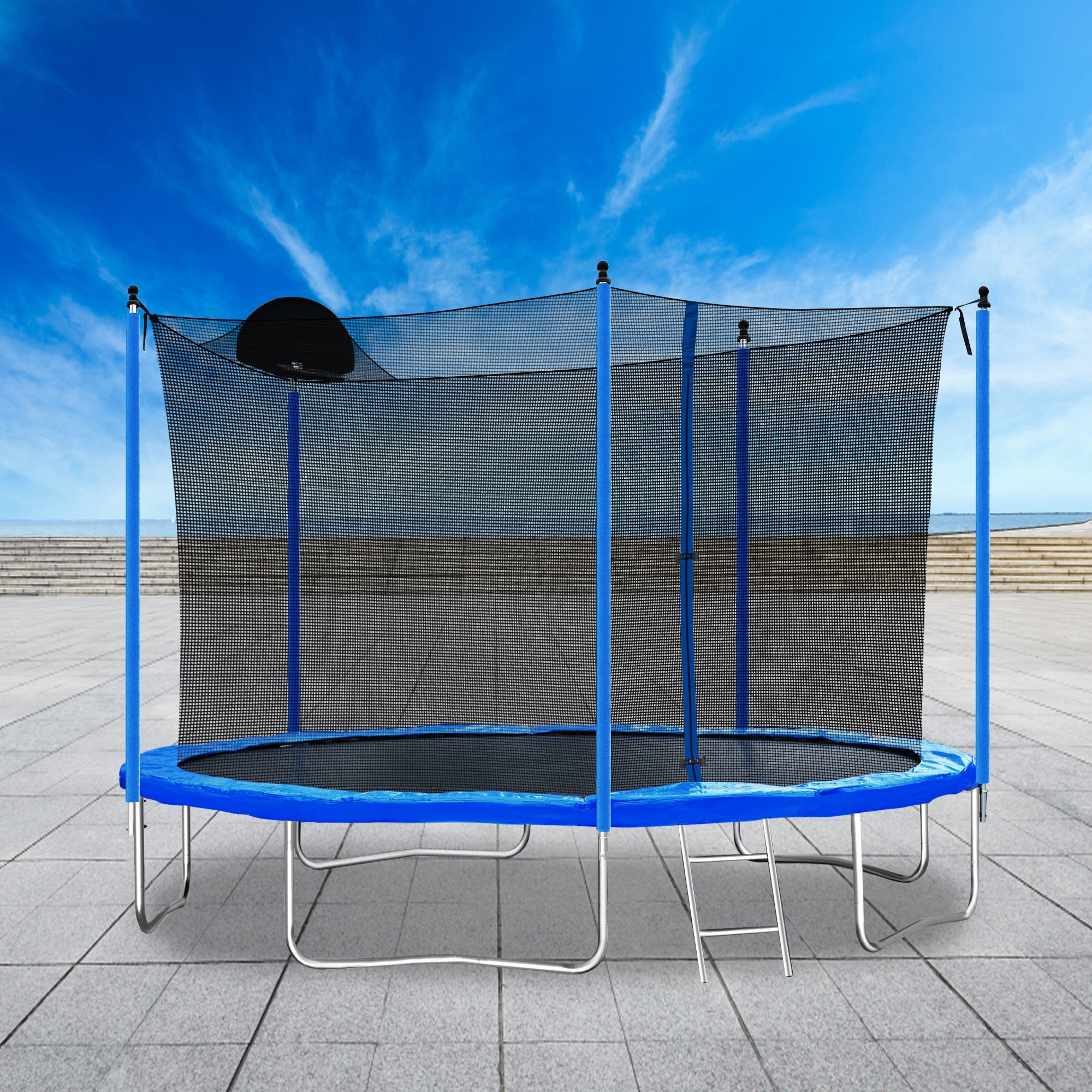 12FT Trampoline with Basketball Hoop, Ladder & Safety Enclosure Net - Outdoor Bouncer for Kids & Adults - Perfect for Backyard Fun, Exercise & Family Bonding