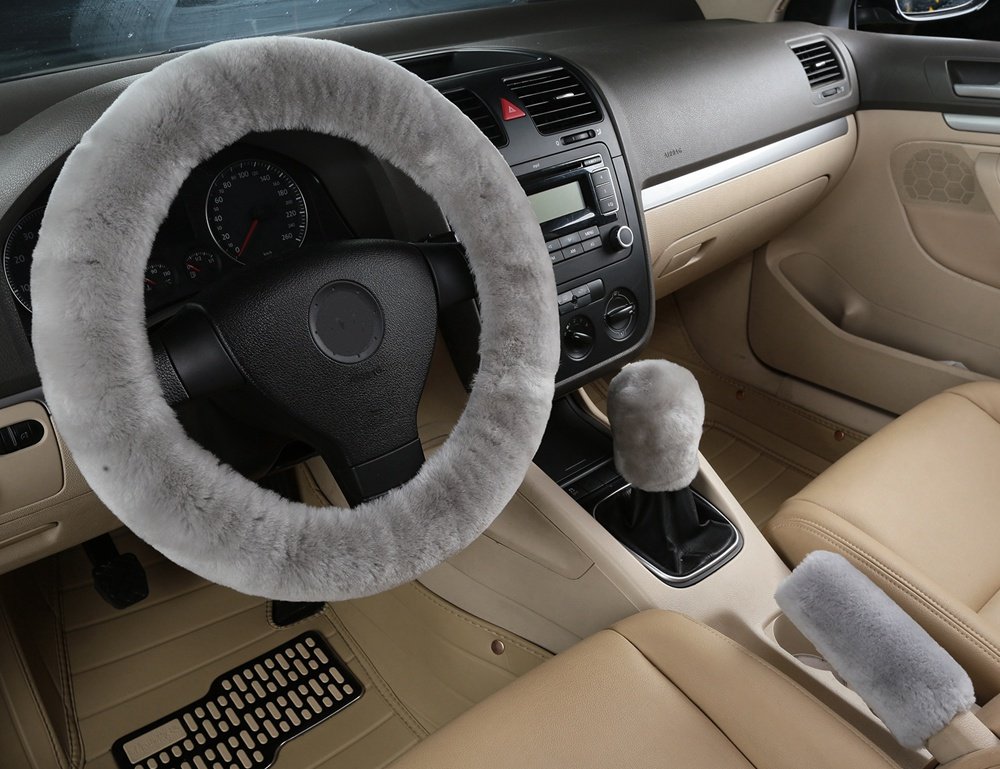 Dotesy Genuine Sheepskin Steering Wheel Cover Set - 3 Piece Auto Accessories (15 Inch Universal Fit) with Gear Shift & Handbrake Covers - Premium Australian Wool for Comfort & Grip - Perfect for Winter Driving & Luxury Car Interior Upgrade