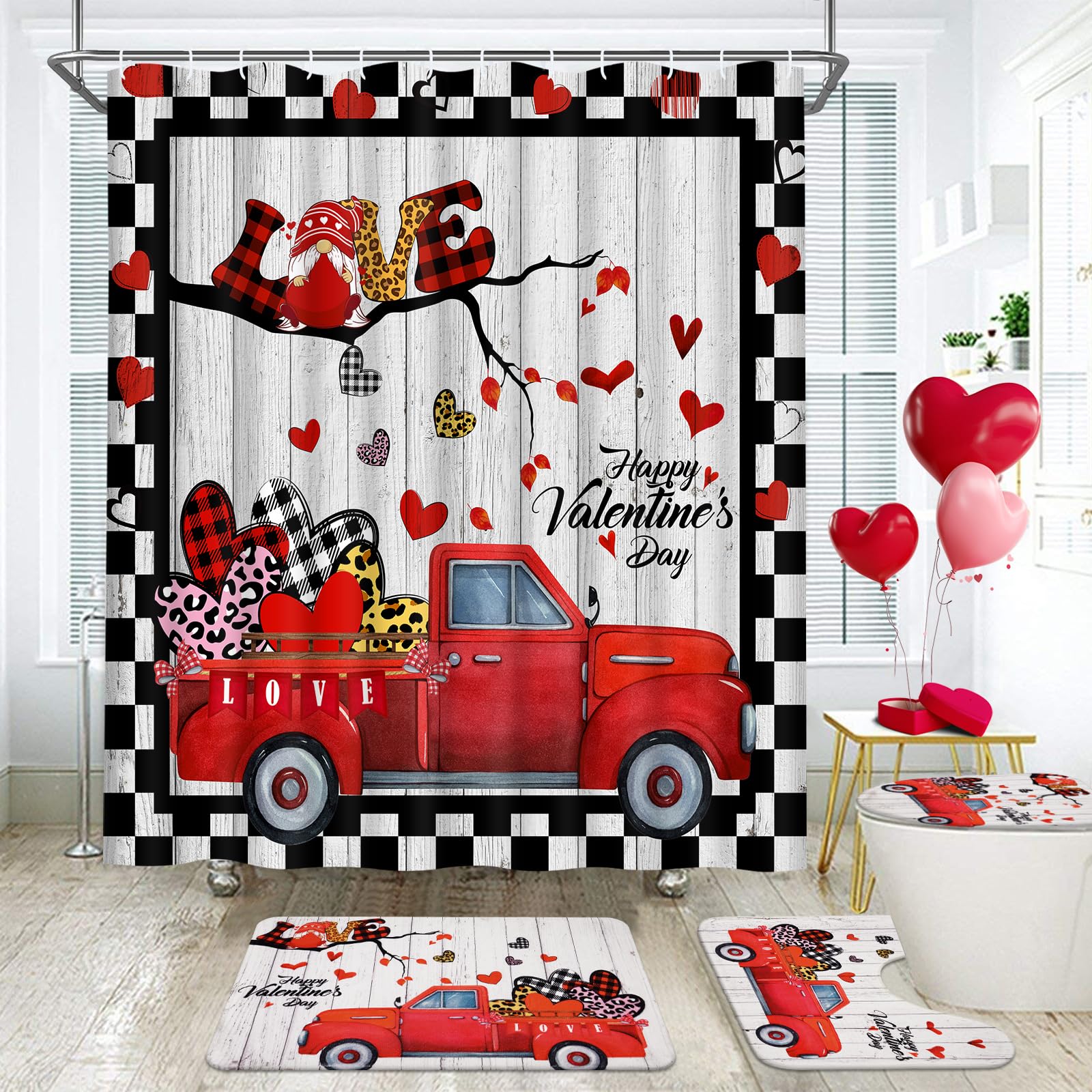 Valentine's Day Shower Curtain Set with Bath Rug - Red Truck Gnome Design Romantic Bathroom Decor for Couples | Perfect for Valentine's Bathroom Makeover, Anniversary Gift & Love-Themed Home Decor