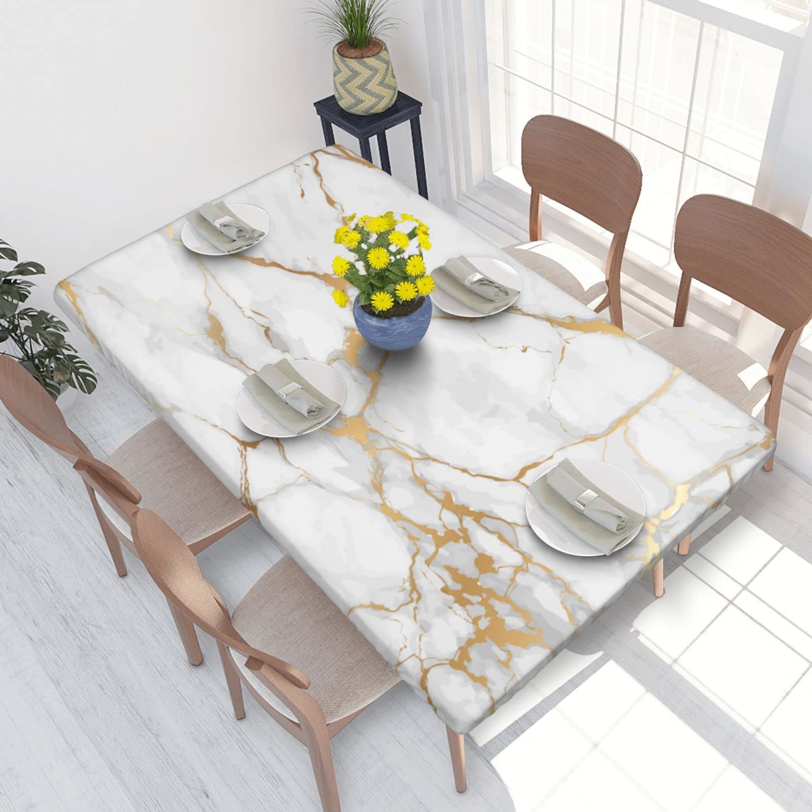 Premium White Marble Tablecloth - Elastic Fitted Table Cover for 4ft Rectangle Tables (30x48 Inch) - Waterproof & Wrinkle-Resistant for Indoor, Outdoor, Patio, Picnic & Party Decorations