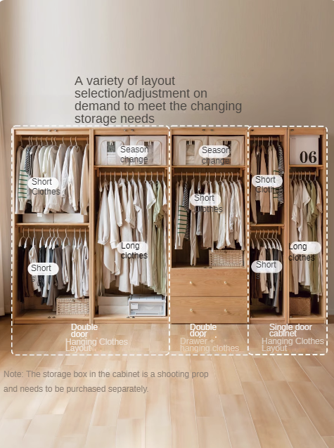 Oak Solid Wood Modular Wardrobe with Rattan Doors - Customizable Closet Storage for Bedroom & Living Room Organization