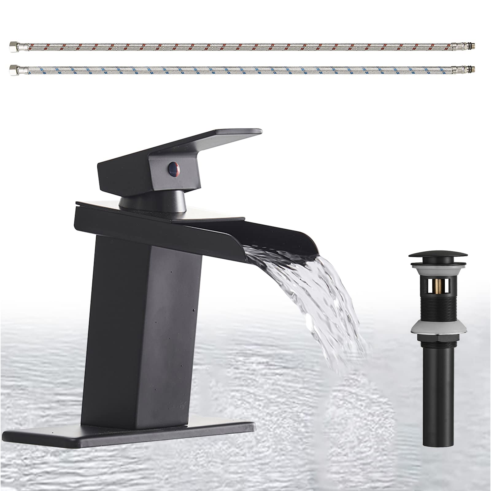 Modern Black Waterfall Bathroom Faucet - Single Hole Vanity Sink Faucet with Pop-Up Drain & Deck Plate - Matte Finish Single Handle Lavatory Mixer Tap for Bathroom, RV & Commercial Use - Sleek Design for Modern Home Decor