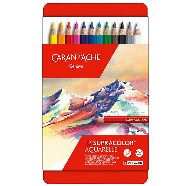 Caran d'Ache Supracolor Water Soluble Colored Pencils - Set of 12 Assorted Colors - Perfect for Sketching, Drawing & Watercolor Painting