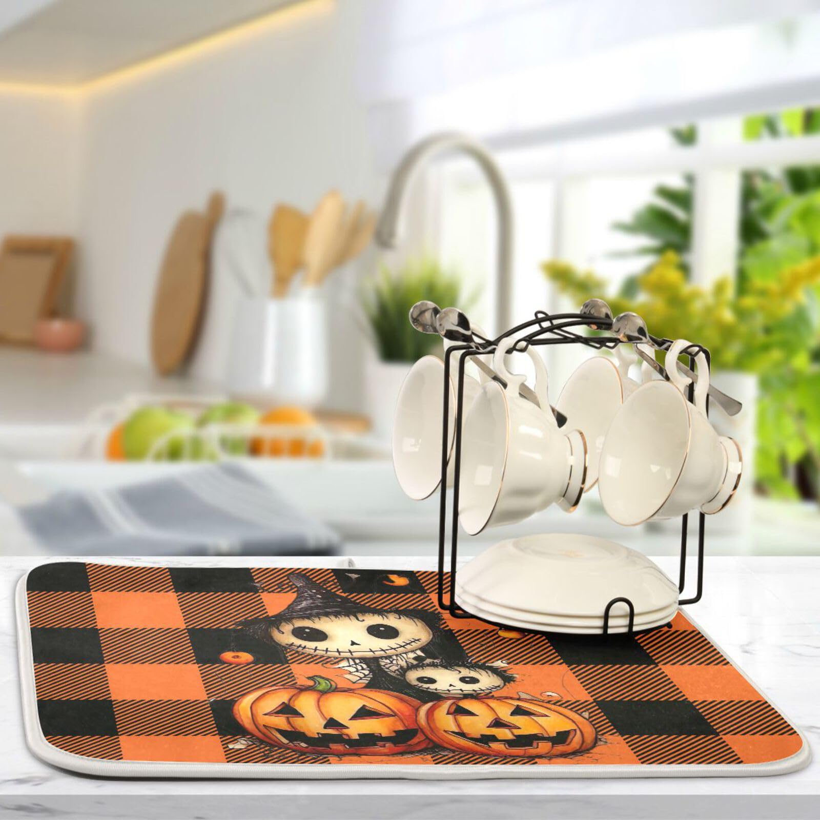 **Orange Plaid Halloween Pumpkin Dish Drying Mat – Absorbent Microfiber Kitchen Counter Protector (16