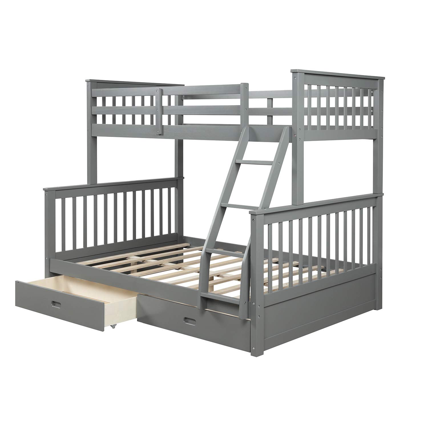 Solid Wood Twin Over Full Bunk Bed for Kids with Safety Rail & Ladders - Convertible to 2 Separate Beds with Storage Drawers (Gray) - Perfect for Small Bedrooms, Guest Rooms & Kids' Shared Spaces