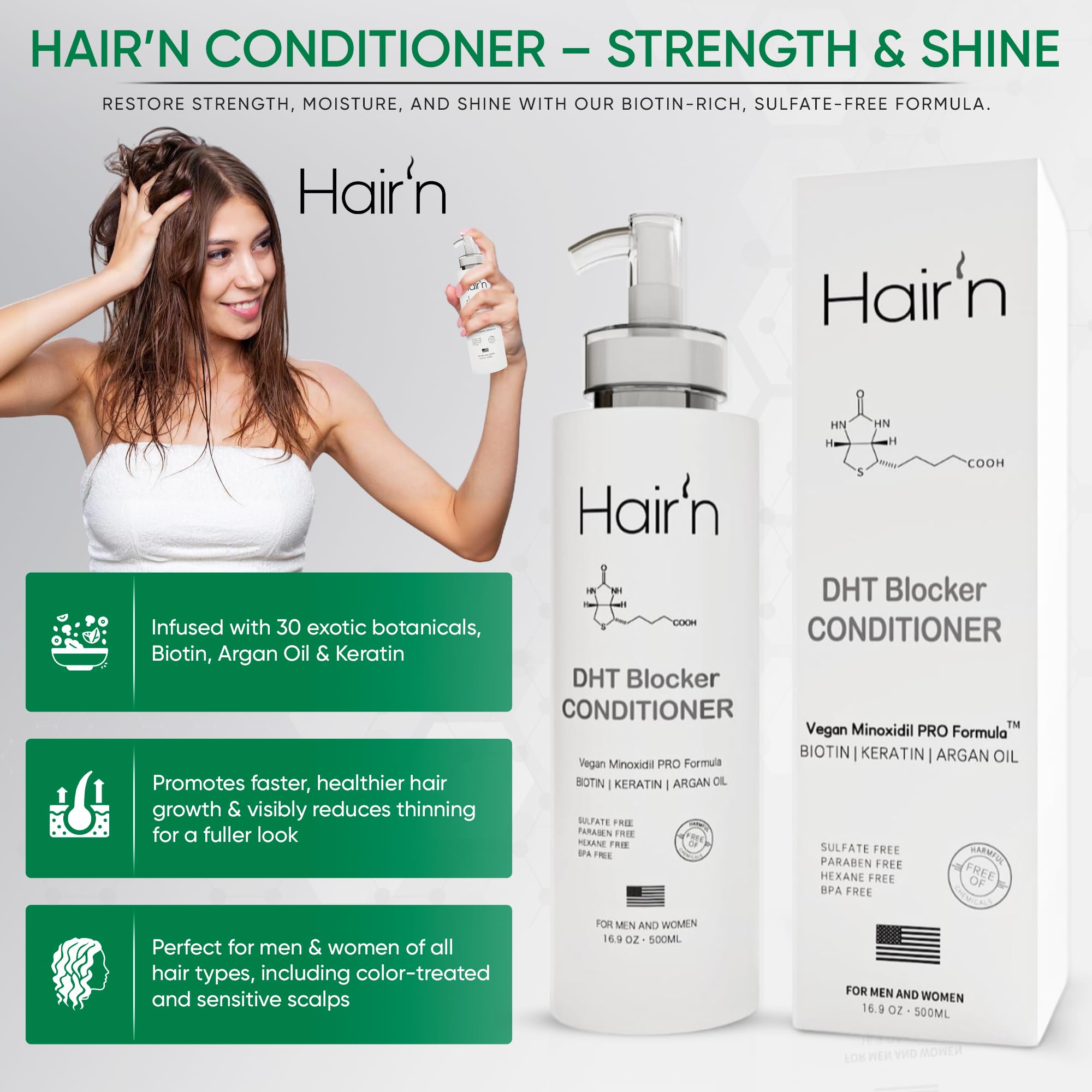 DHT Blocker Hair Growth Kit for Men & Women - Vegan & Botanical Shampoo, Conditioner, Serum & Supplement Set - Sulfate, Paraben & Hexane Free - Promotes Thicker, Healthier Hair - Perfect for Daily Hair Care & Scalp Nourishment
