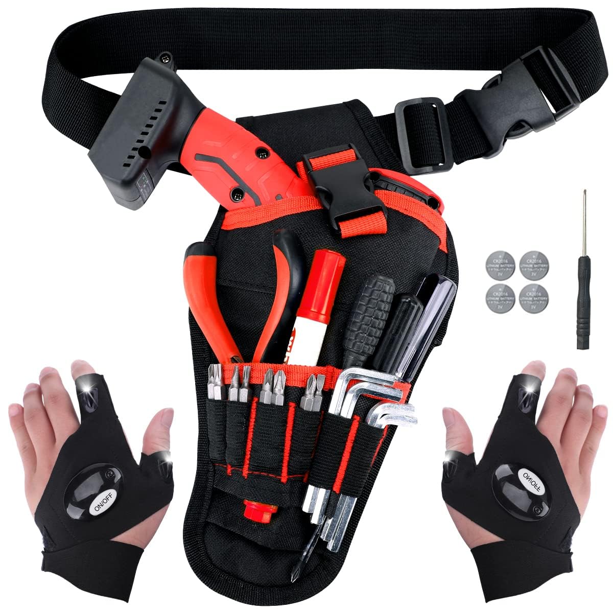 **Best Father's Day Gifts for Men - LED Flashlight Gloves & Drill Bit Holster - Durable Tool Belt Pouch for Storage - Perfect for DIY, Construction, Fishing & Outdoor Activities**