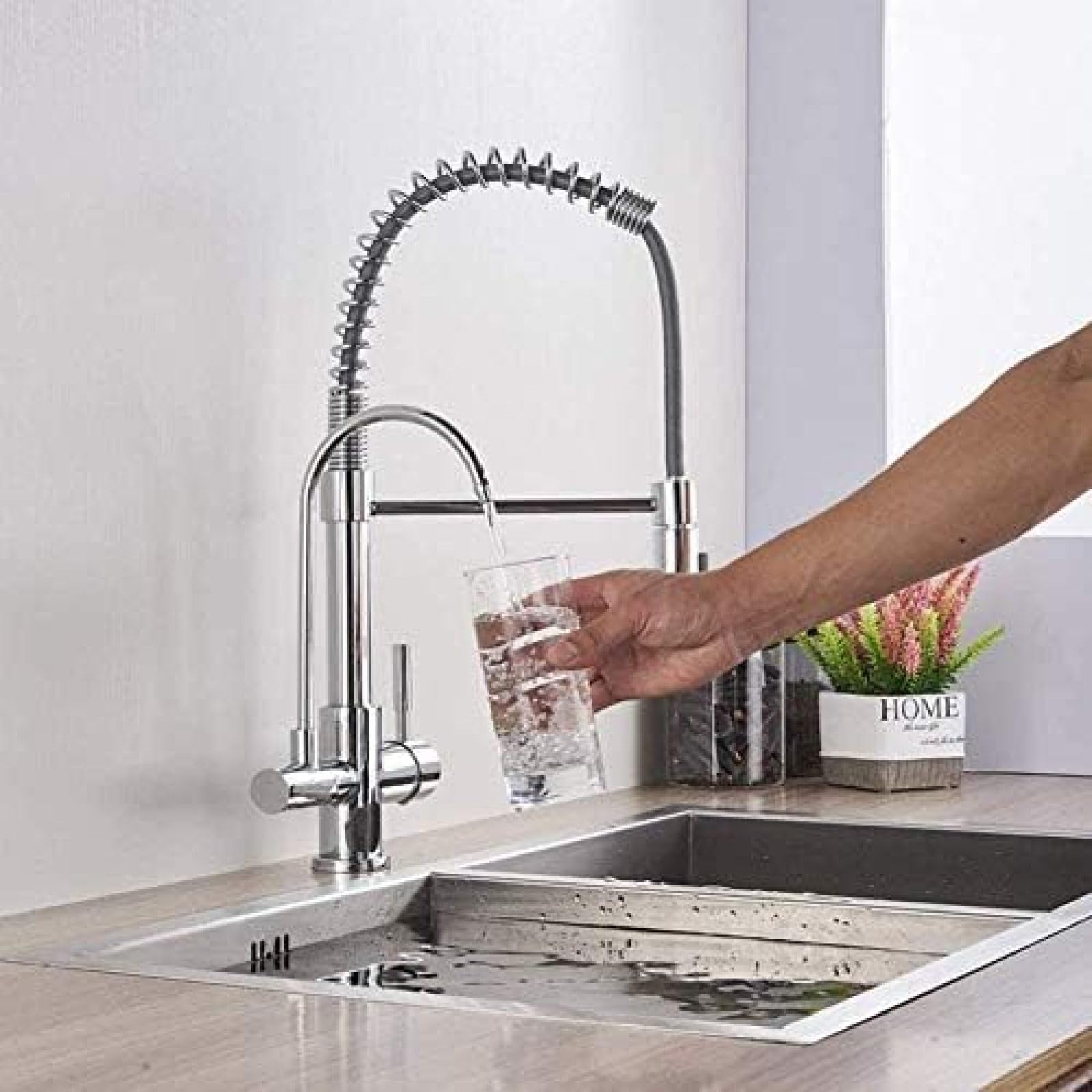 CRJUS Spring Pull Down Kitchen Faucet with Rotatable Double Outlet for Hot & Cold Water Mixing, Ideal for Modern Home Kitchens and Straight Drinking Water Access