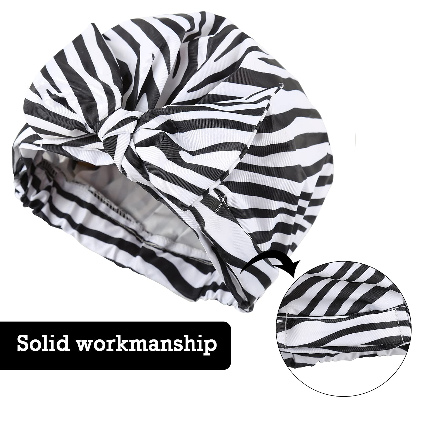 Waterproof Reusable Shower Cap for Women & Girls - Extra Large Hair Cover for Long Hair & Braids - Adjustable Bow Zebra Strip Design - Perfect for Bathing, Swimming & Hair Treatments