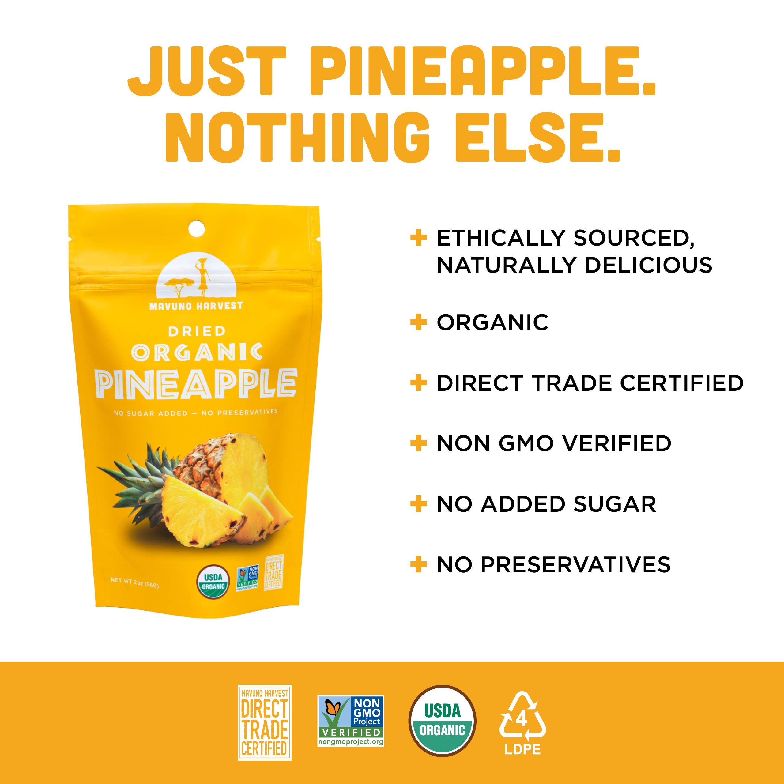Organic Dried Pineapple Chunks by Mavuno Harvest | Gluten-Free, Vegan, Non-GMO Healthy Snacks | No Sugar Added, Direct Trade | 2 Ounce Pack of 6 | Perfect for Lunchboxes, Hiking, Travel & On-the-Go Snacking