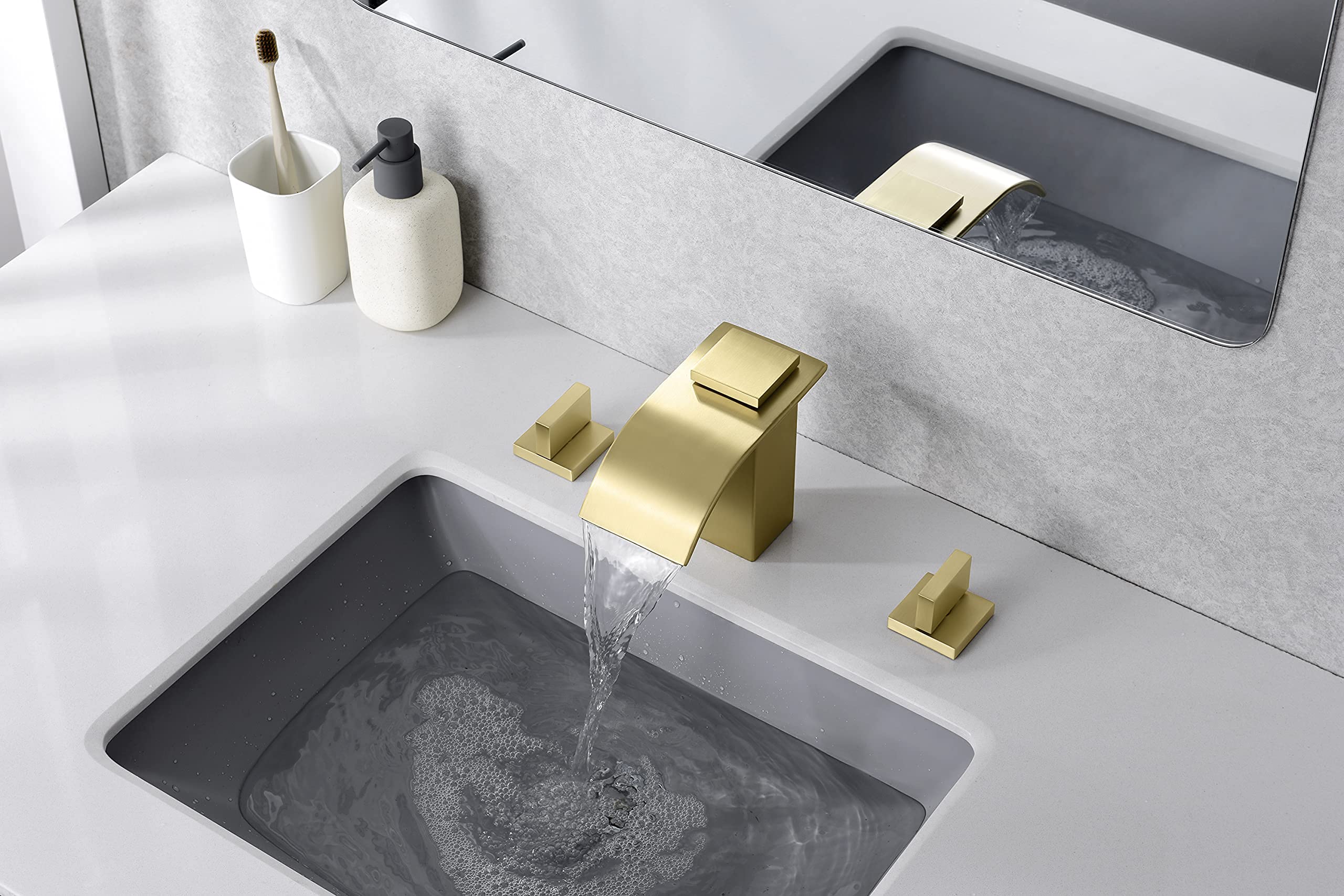 Brushed Gold Widespread Bathroom Faucet S1408BGW & Gold Shower Faucet S3221BGI Set - Luxury Bathroom Faucet Bundle for Modern Bathrooms, Powder Rooms & Spa Retreats
