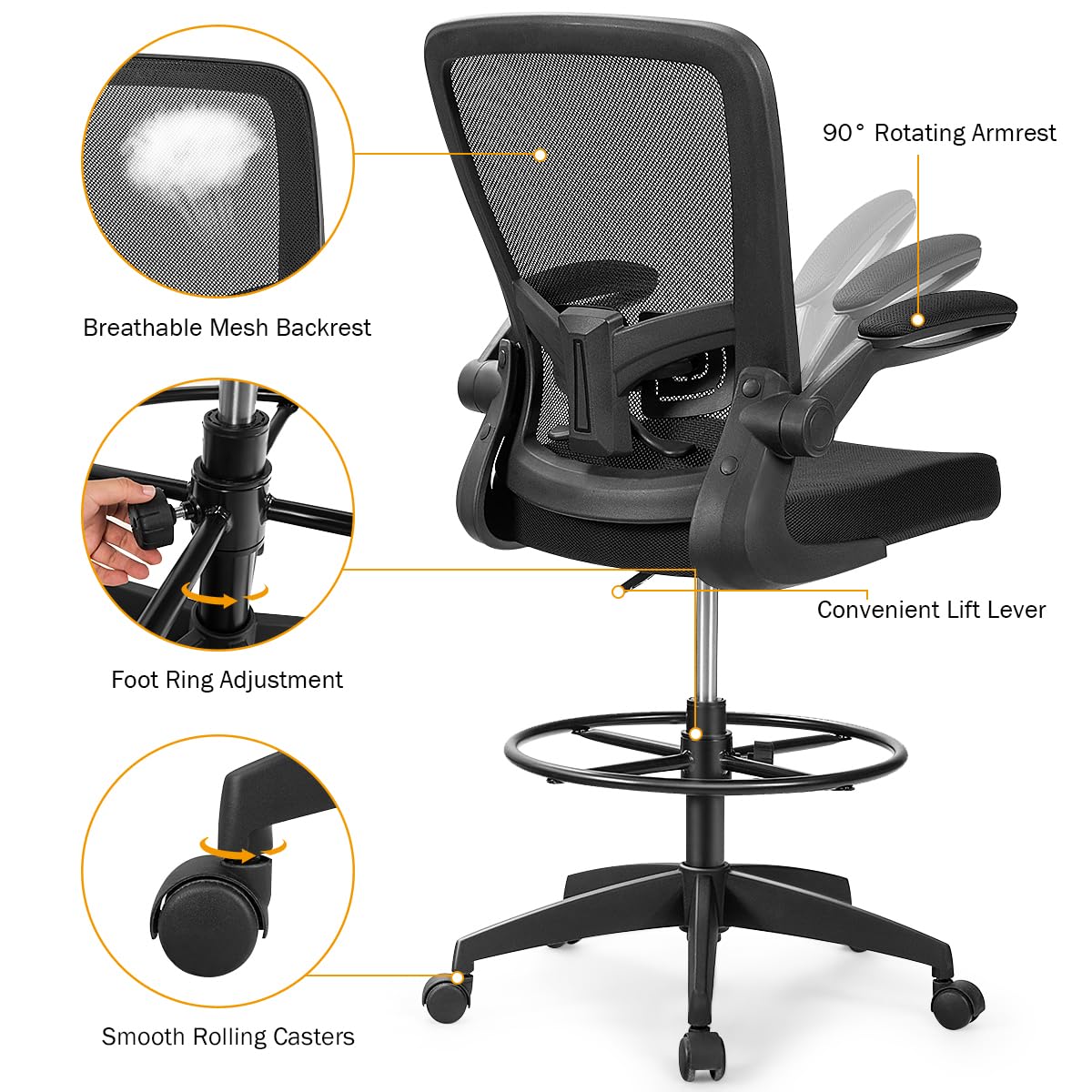Giantex Ergonomic High Back Drafting Chair with Footrest - Adjustable Height, Flip-Up Armrests & Lumbar Support - Mesh Office Chair for Architects, Designers & Tall Users - Perfect for Home Office, Studio & Computer Workstations