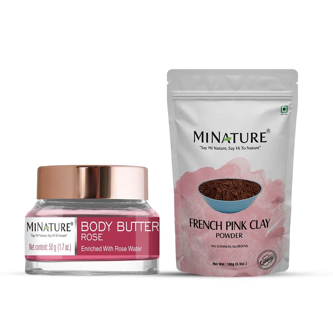 Miniature Rose Body Butter (50g) & French Pink Clay Powder (227g) | DIY Face Mask & Body Butter Kit | Natural Skincare Combo for Daily Care | Chemical-Free, Non-Sticky Formula | Perfect for Spa Nights & At-Home Self-Care Routines