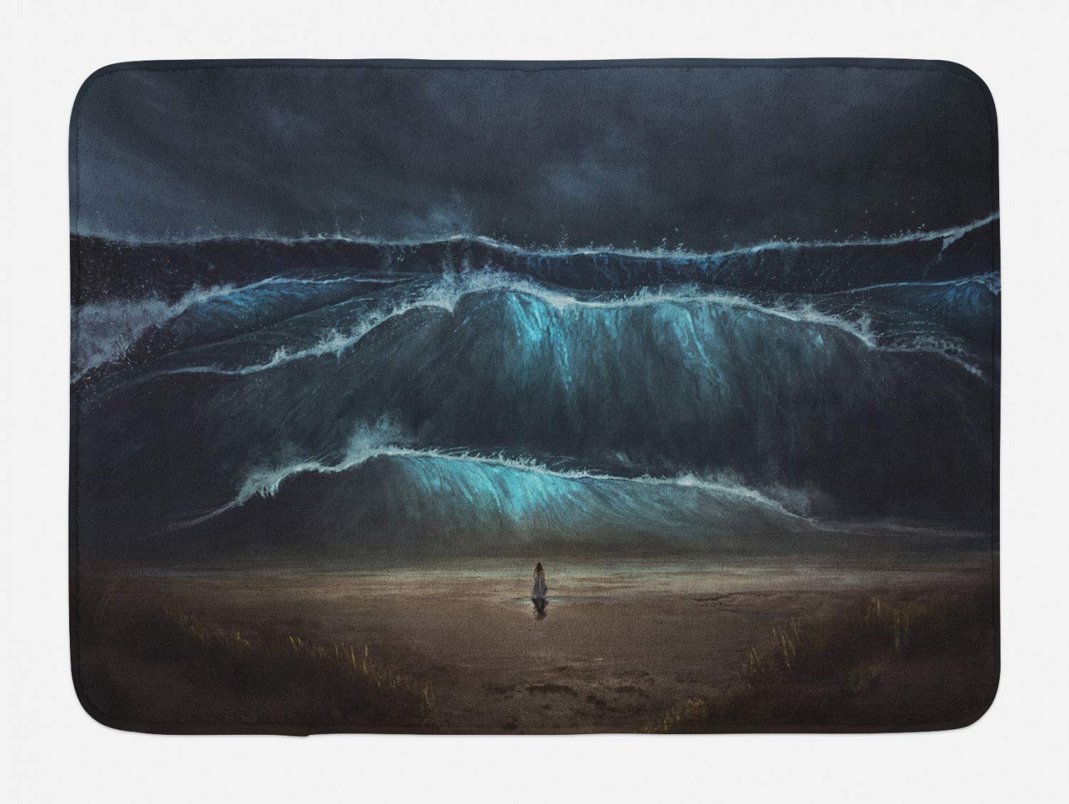 Ambesonne Non-Slip Plush Bath Mat - Gothic Ocean Wave Print with Woman Standing on Beach, 30.2 x 20 Inches, Taupe & Cadet Blue - Soft Bathroom Rug for Coastal & Gothic Home Decor, Perfect for Bathrooms, Vanities and Spa Areas