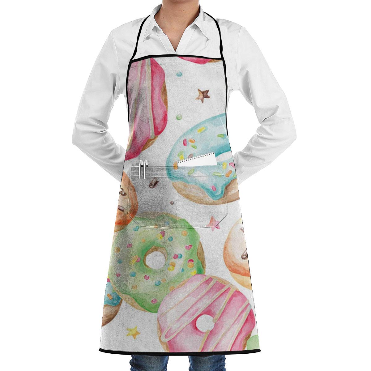 Black Donut Kitchen Apron with Pocket - Unisex Waiter & Server Apron for Cooking, Crafting & Restaurant Work - Durable Fashion Apron for Men & Women - Perfect for Baking, BBQ & DIY Projects