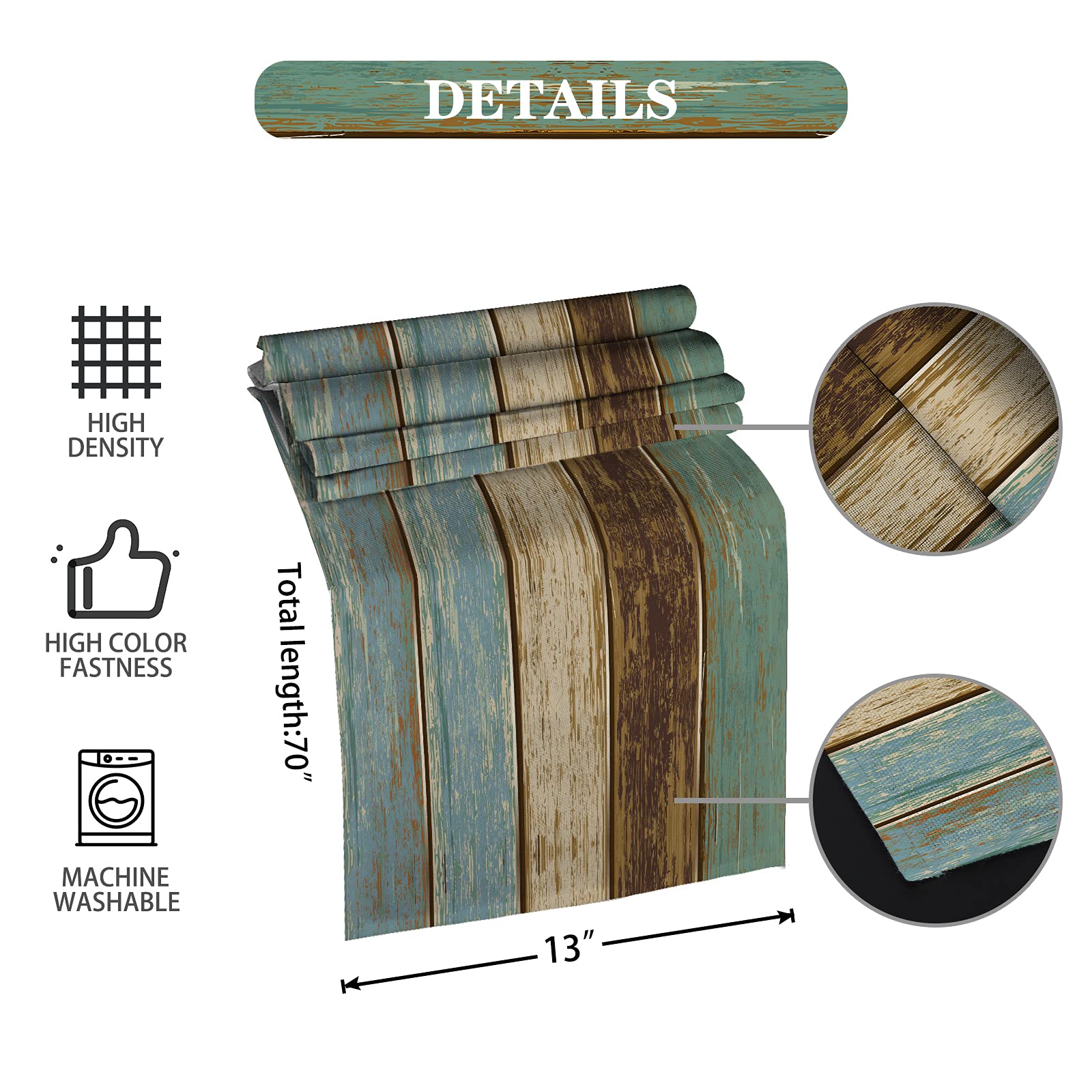 Farmhouse Table Runners 72 Inches Long - Wood Grain Spring Table Runner in Old Barn Wood Blue Brown - Heat Resistant Kitchen & Dining Room Decor for Coffee Tables, Perfect for Rustic Weddings and Seasonal Home Styling
