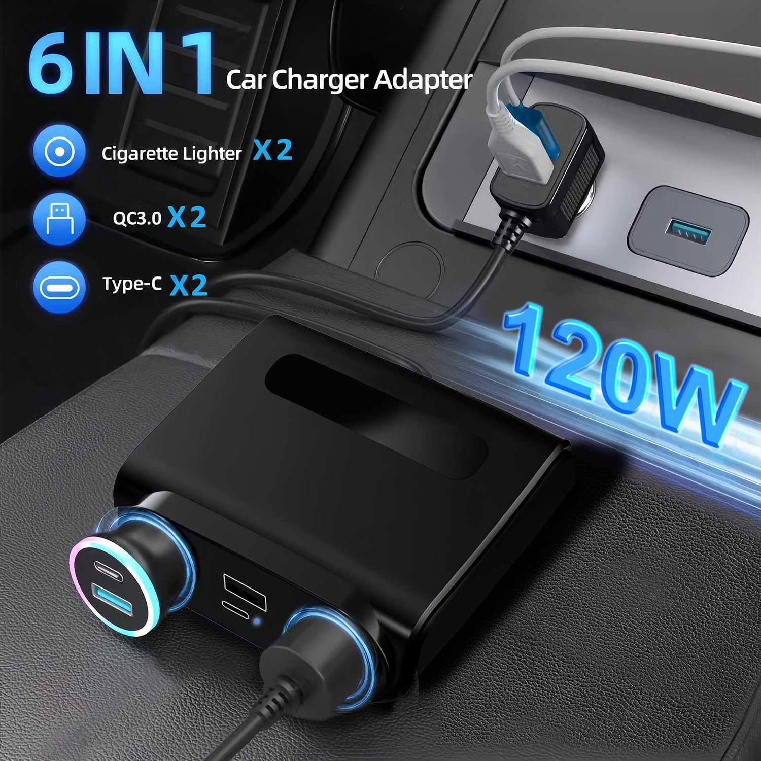 120W Dual USB Car Charger with QC 3.0 & PD Fast Charging, 12V/24V Cigarette Lighter Splitter with Voltmeter - Compatible with iPhone, Samsung, Android Phones - Perfect for Road Trips & Long Drives