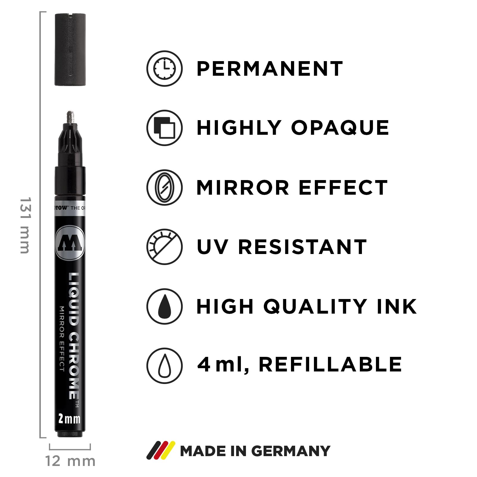 Molotow Liquid Chrome Marker Set - 3 Pack with 2mm Tip & Special Mirror Effect Ink for Metallic Shine | Ideal for DIY Crafts, Automotive Detailing, and Art Projects