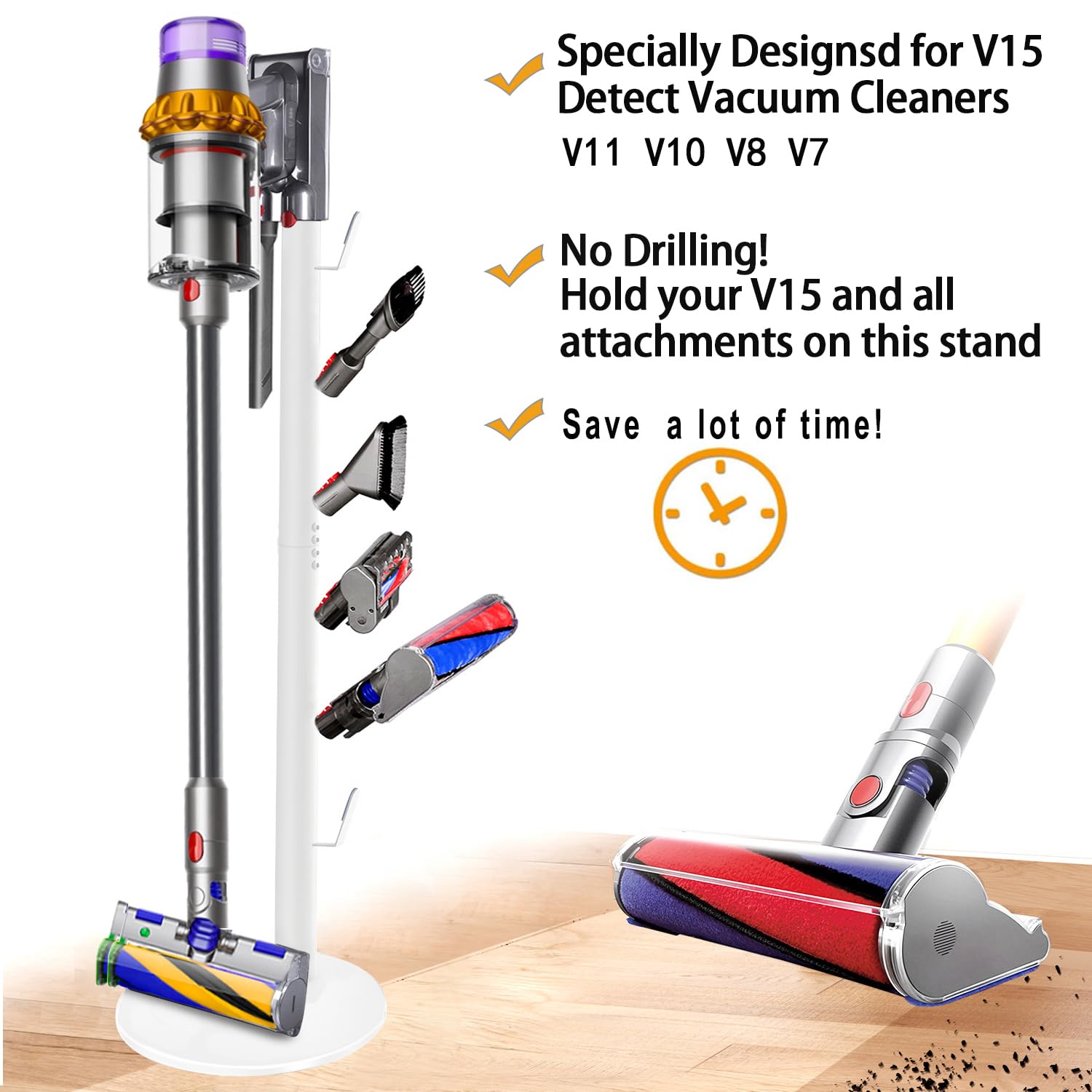 Freestanding Vacuum Stand Holder for Dyson V15 Detect, V11, V10, V8, V7, V6 Cordless Vacuums - Metal Floor Docking Station with 6 Hooks (White) | Wall Mount Organizer for Bedroom, Living Room & Garage Storage