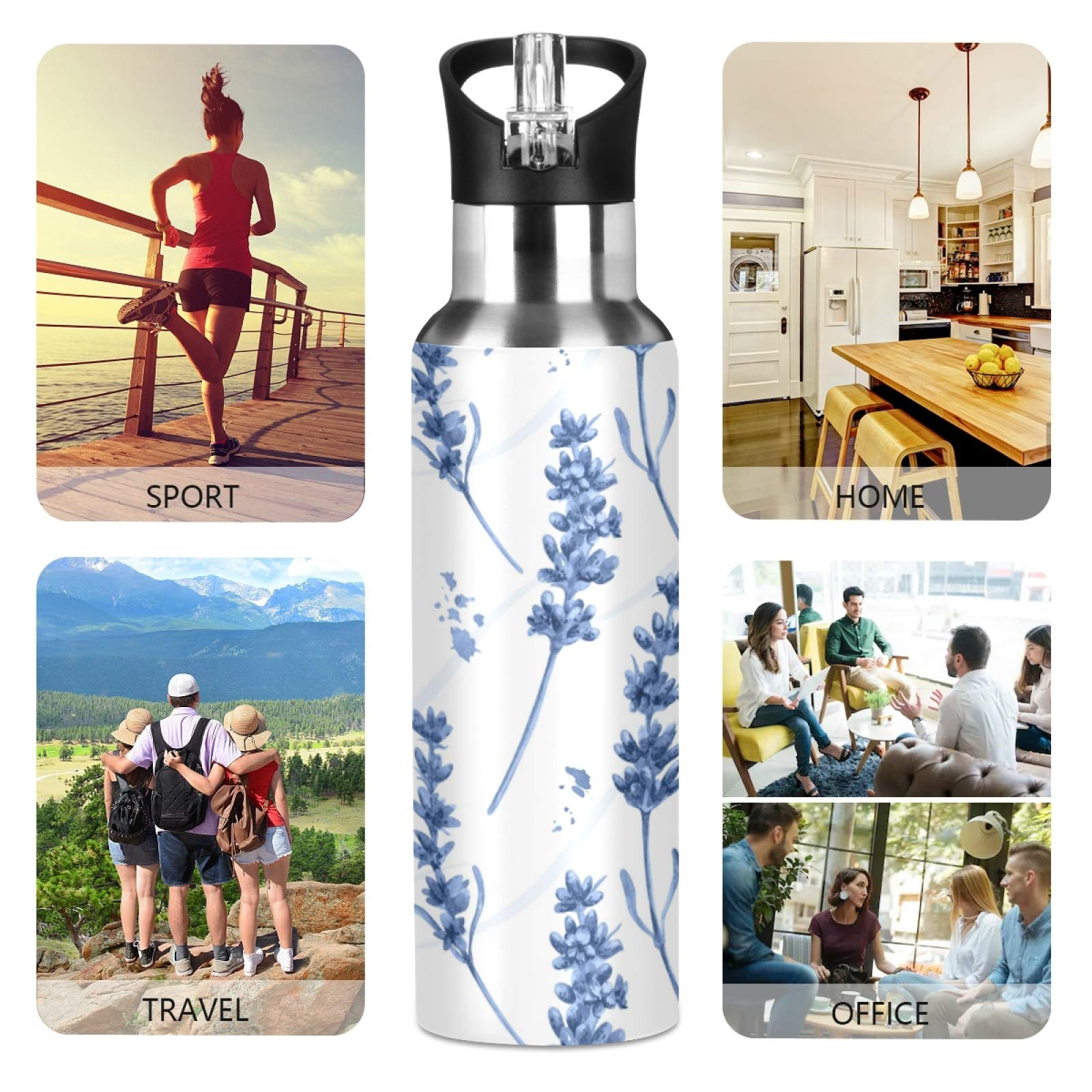 SUABO 20oz Insulated Stainless Steel Water Bottle with Straw - Blue Lavender Sports Bottle for Kids, Teens & Adults | Perfect for School, Gym, Hiking & Outdoor Activities