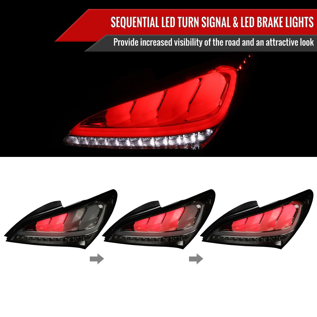 Smoke LED Sequential Tail Lights & Brake Lamps for 2010-2016 Hyundai Genesis Coupe 2 Door - Enhanced Visibility & Style for Night Driving & Car Shows