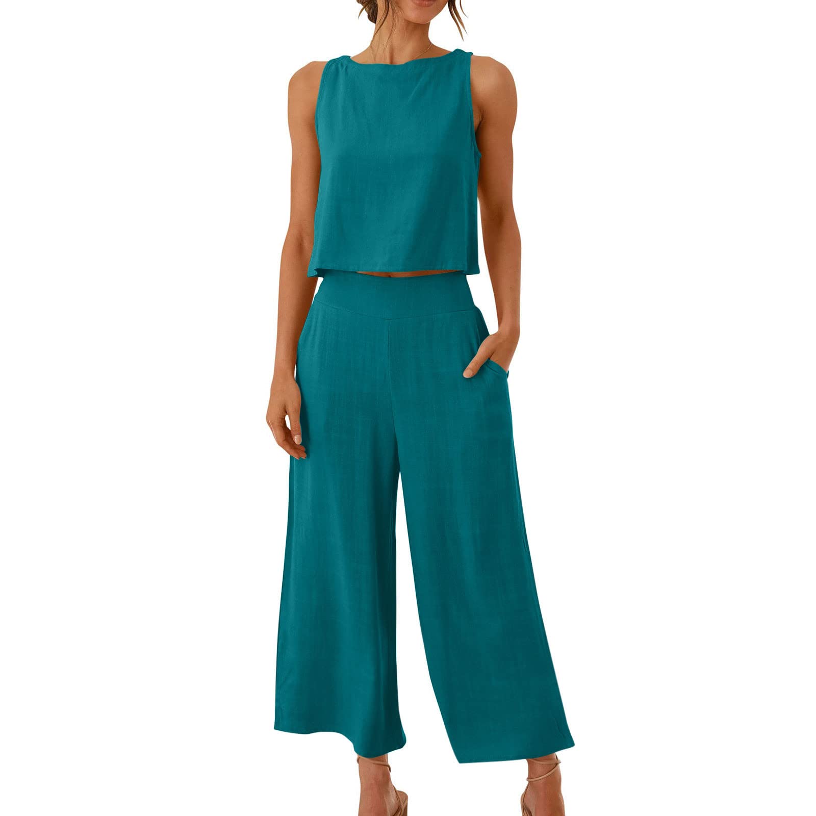 Linen Matching Set for Women - Summer Crop Top & Wide Leg Pants Lounge Outfit with Pockets | Casual Wear, Beach Vacation, Yoga & Home Relaxation