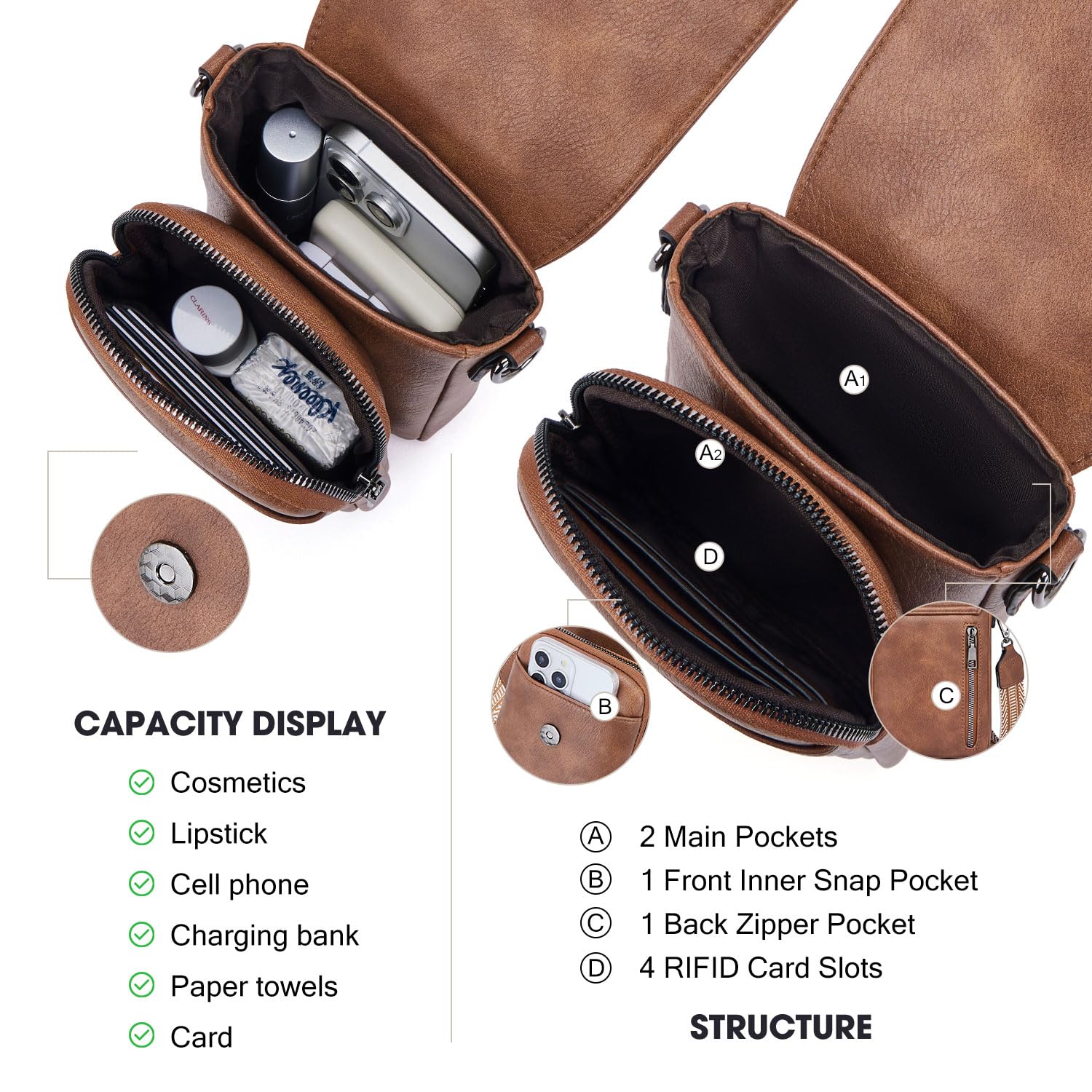 Stylish Leather Crossbody Bag for Women - Triple Compartment Phone Purse with Card Slots | Trendy Small Shoulder Bag for Everyday Use, Travel & Shopping