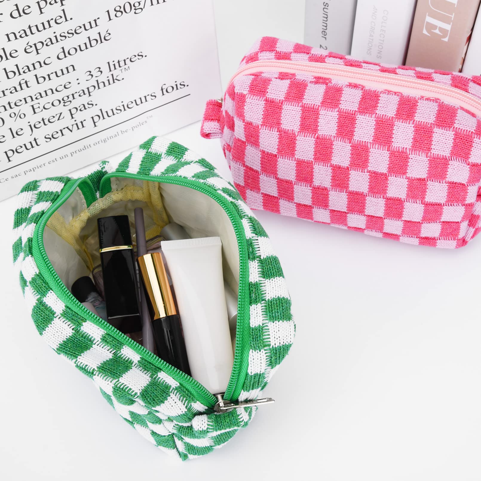 2 Pack Checkered Makeup Bags for Women - Pink & Green Cosmetic Organizer Pouch, Travel Toiletry Storage Bag for Brushes & Accessories | Perfect for Travel, Gym & Daily Beauty Routine
