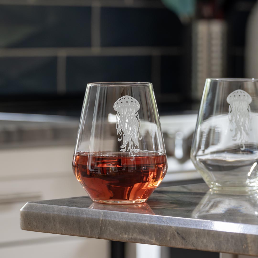 18oz Jellyfish Stemless Wine Tumbler Glasses - Set of 4 Unbreakable Crystal Clear Cups for Chardonnay, Cocktails & Outdoor Parties
