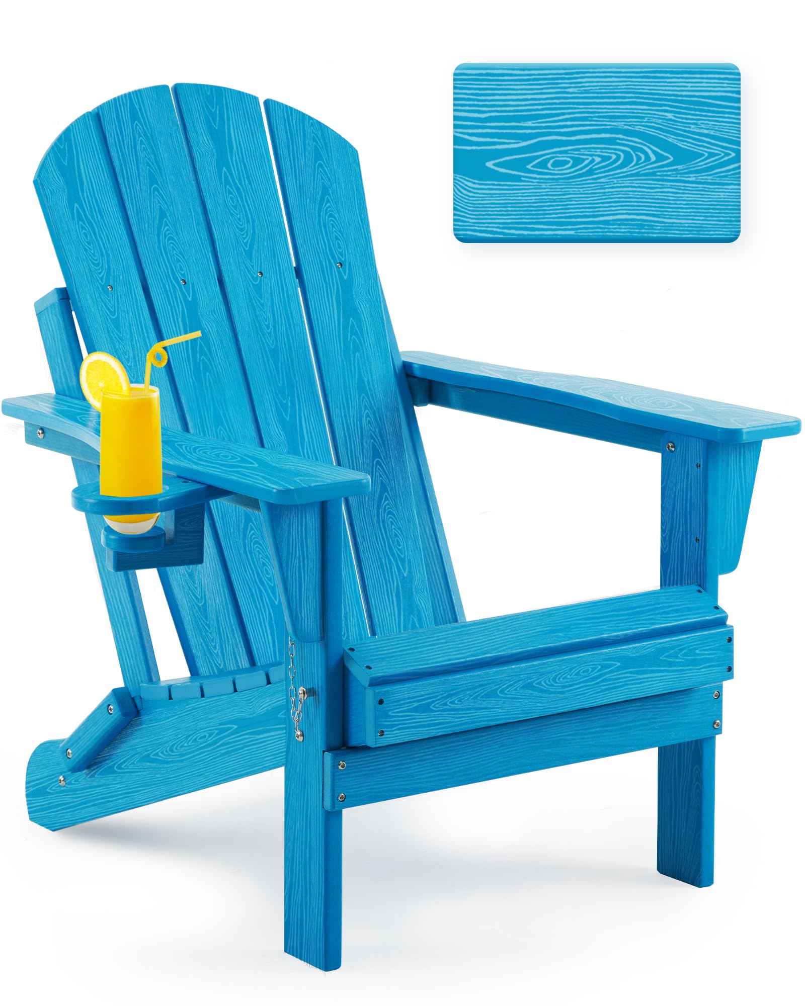 **Weather-Resistant Folding Adirondack Chair with Cup Holder - Wood Texture Patio Chair for Deck, Porch, Backyard & Garden - Perfect for Fire Pit Gatherings & Outdoor Relaxation (Pacific Blue)**