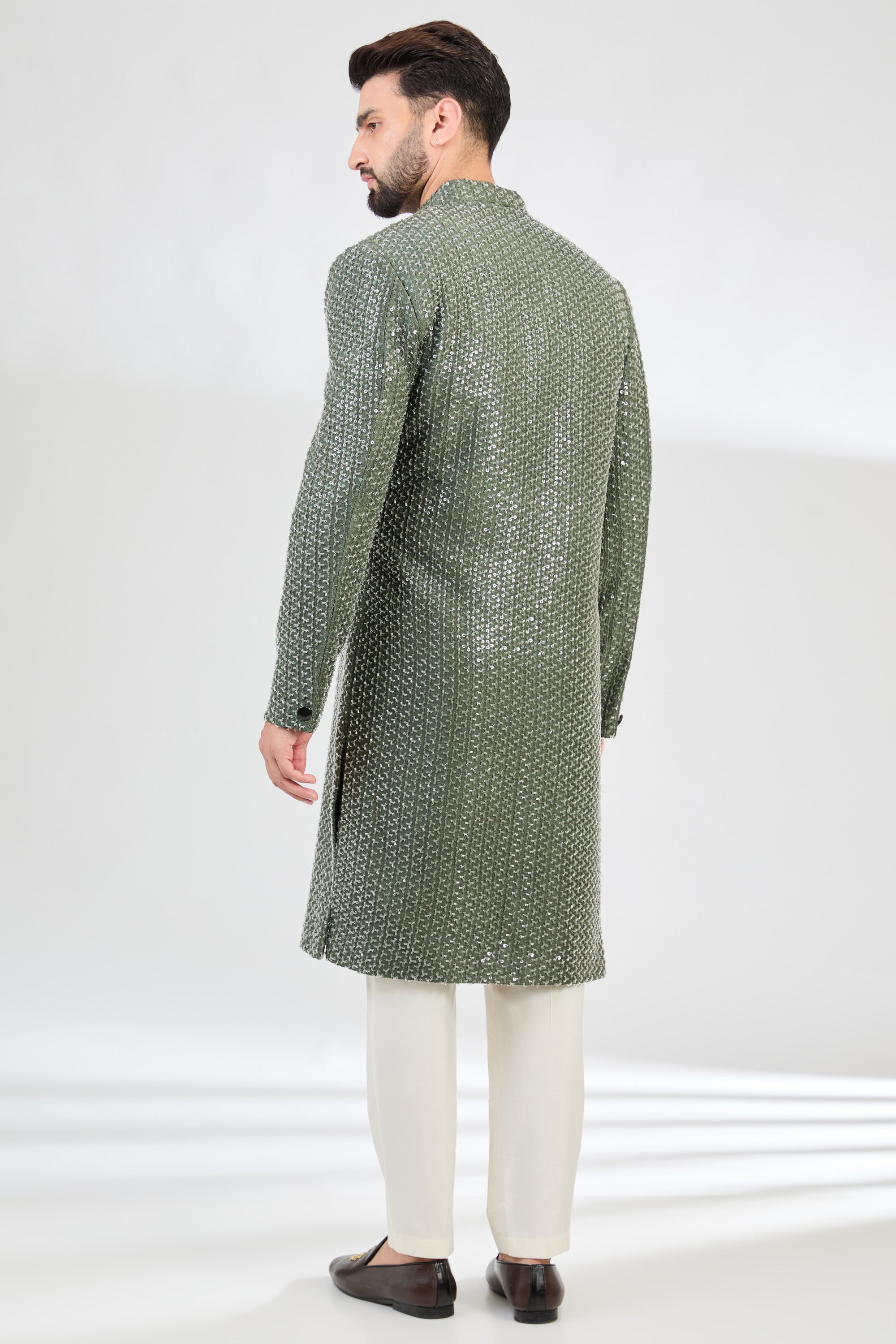 Stylish Military Green Sherwani with Exquisite Dana Embroidery - Perfect for Weddings, Festivals & Special Occasions