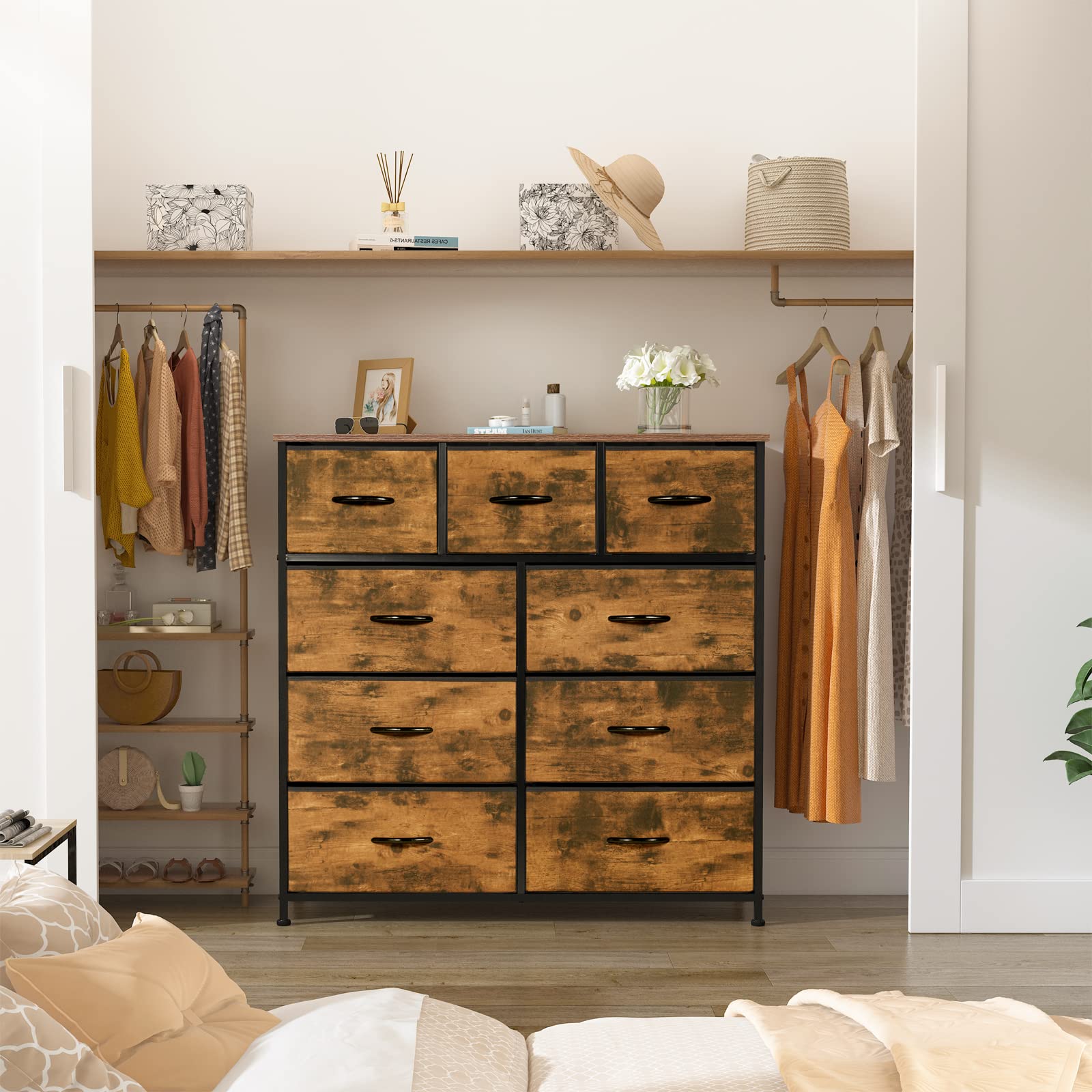 LYNCOHOME 9-Drawer Fabric Dresser with Wood Top - Large Storage Chest of Drawers for Bedroom, Living Room, Kids Room & Closet - Easy Assembly Home Organization Furniture (Sepia Print) - Perfect for Small Spaces, Dorm Rooms & Apartment Storage Solutions
