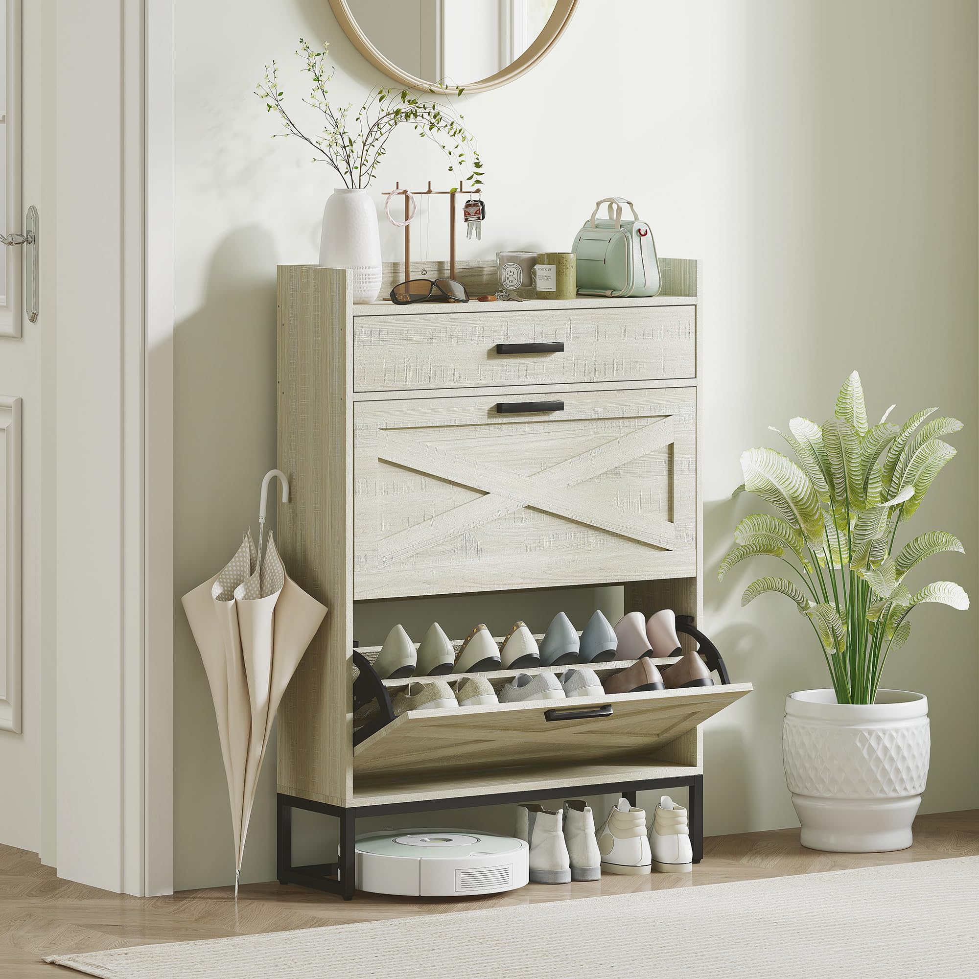HOMCOM 12-Pair Narrow Shoe Storage Cabinet with 2 Flip Drawers, Adjustable Shelves & Top Drawer - Farmhouse Entryway Shoe Organizer in Distressed White for Hallway, Closet & Mudroom Organization
