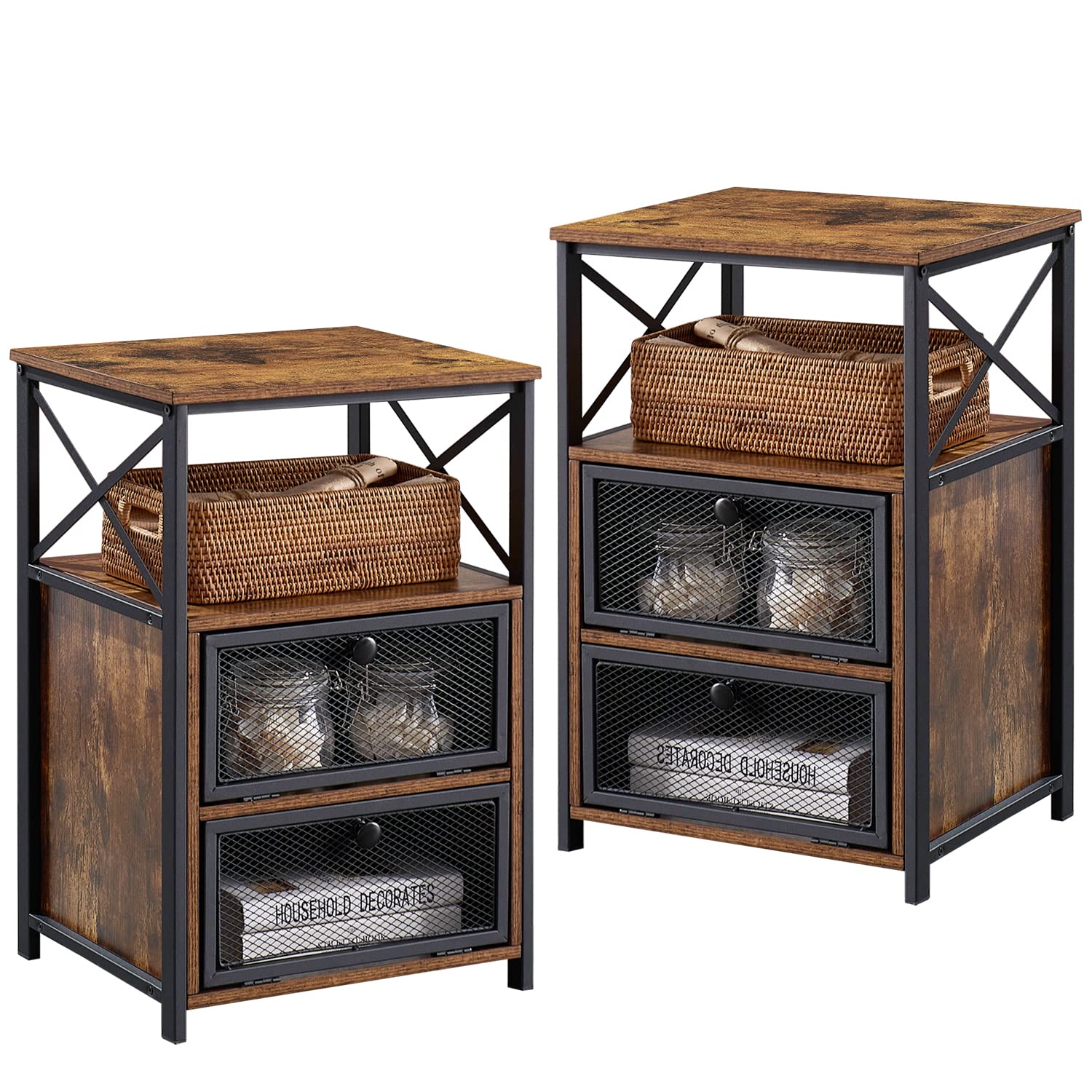 VECELO Modern End Table with Flip Drawer & X-Design Side - Sturdy Nightstand for Bedroom, Living Room & Office - Easy Assembly 2-Piece Set in Brown - Perfect for Small Spaces & Apartment Decor