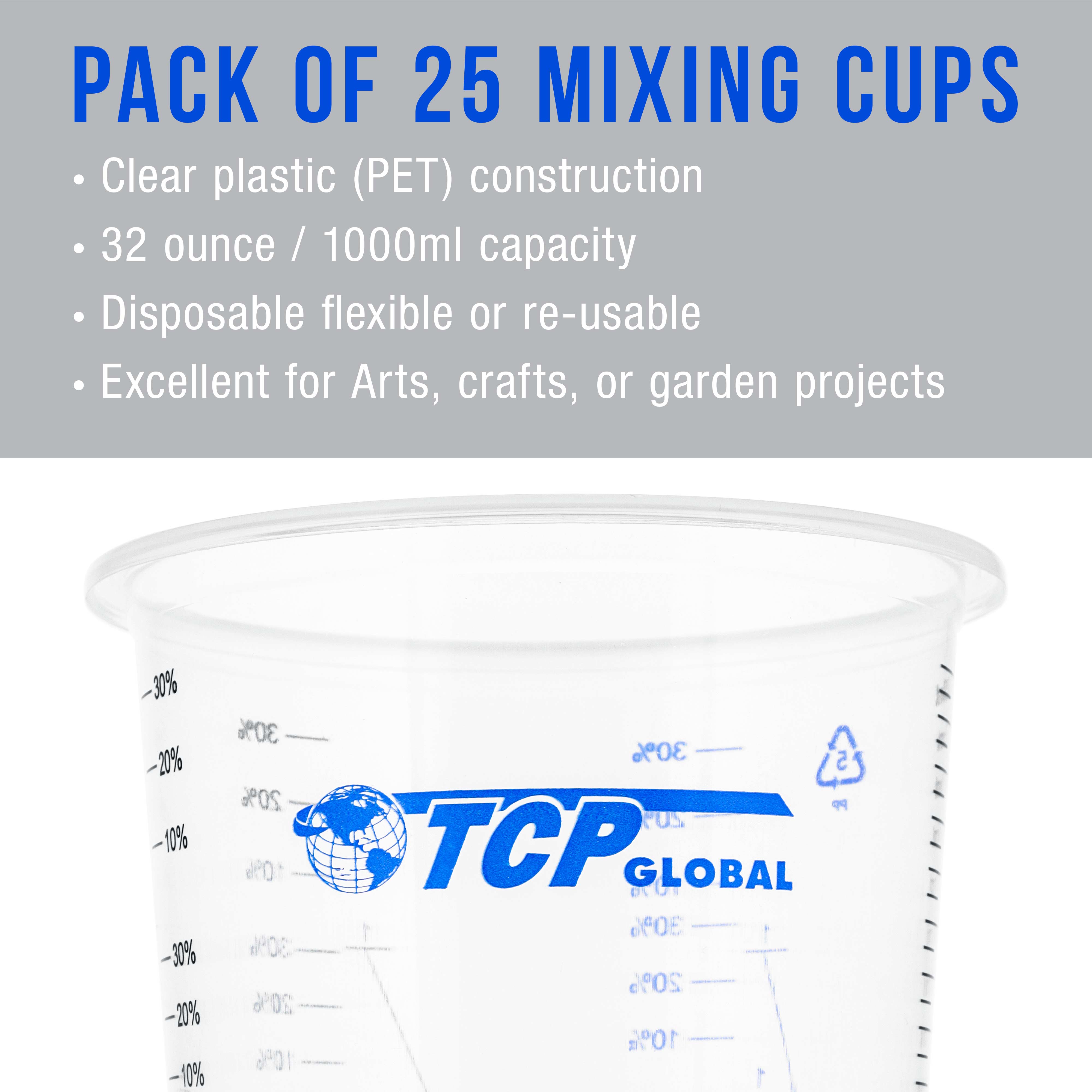 TCP Global 32oz (1000ml) Disposable Plastic Mixing Cups - Clear Graduated Measuring Cups for Paint, Resin, Epoxy, Art & Kitchen Use - Pack of 25 - Perfect for DIY Projects, Baking & Crafting