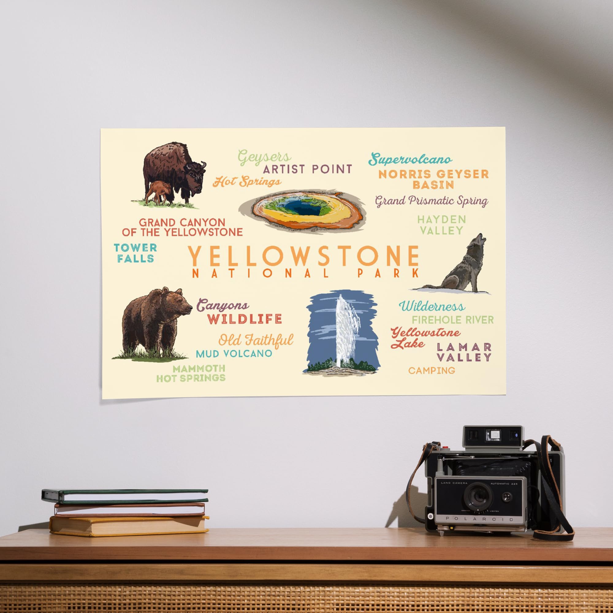 Lantern Press 16x24 Inch Giclee Art Print - Yellowstone National Park Landscape with Typography & Iconic Symbols | Perfect for Home Decor, Office Wall Art & National Park Enthusiasts